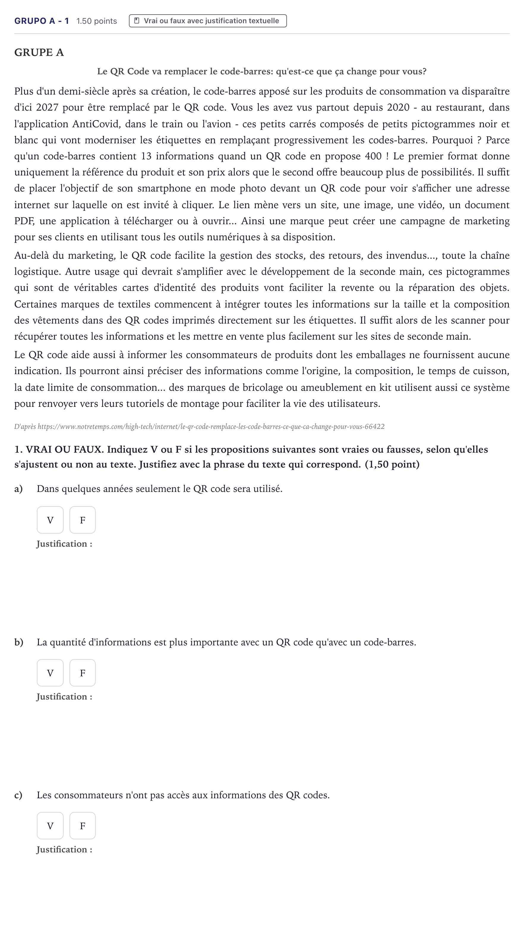 Enunciado: Ejercicio Grupo A - 1 · Francés PAU Canarias Julio (2) 2023