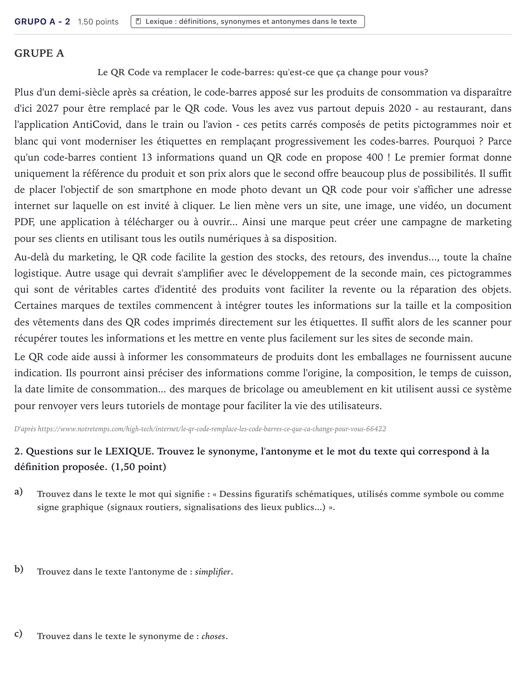 Enunciado: Ejercicio Grupo A - 2 · Francés PAU Canarias Julio (2) 2023