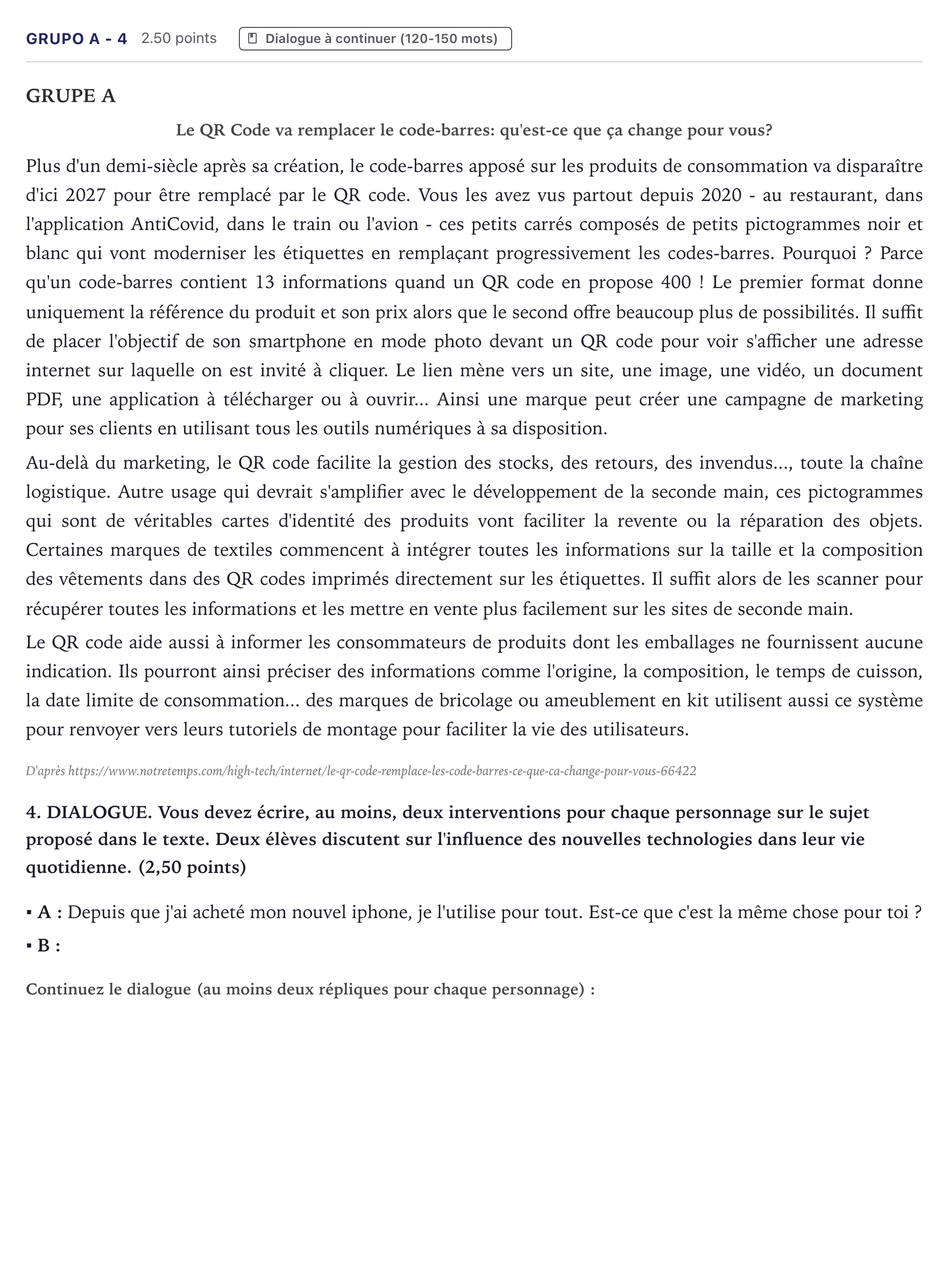 Enunciado: Ejercicio Grupo A - 4 · Francés PAU Canarias Julio (2) 2023
