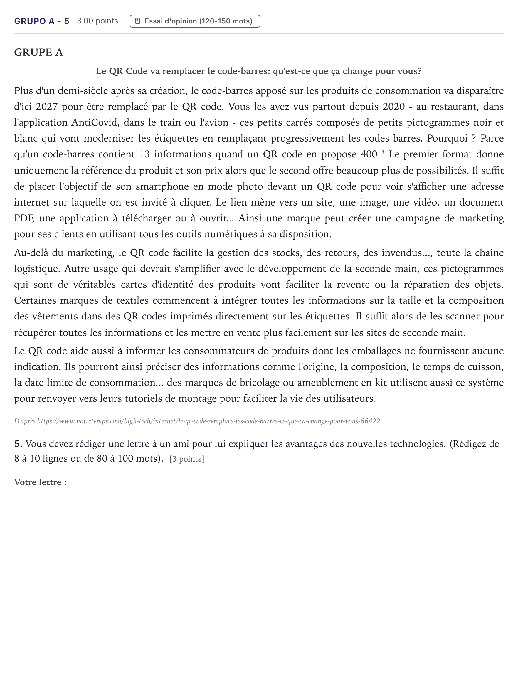 Enunciado: Ejercicio Grupo A - 5 · Francés PAU Canarias Julio (2) 2023