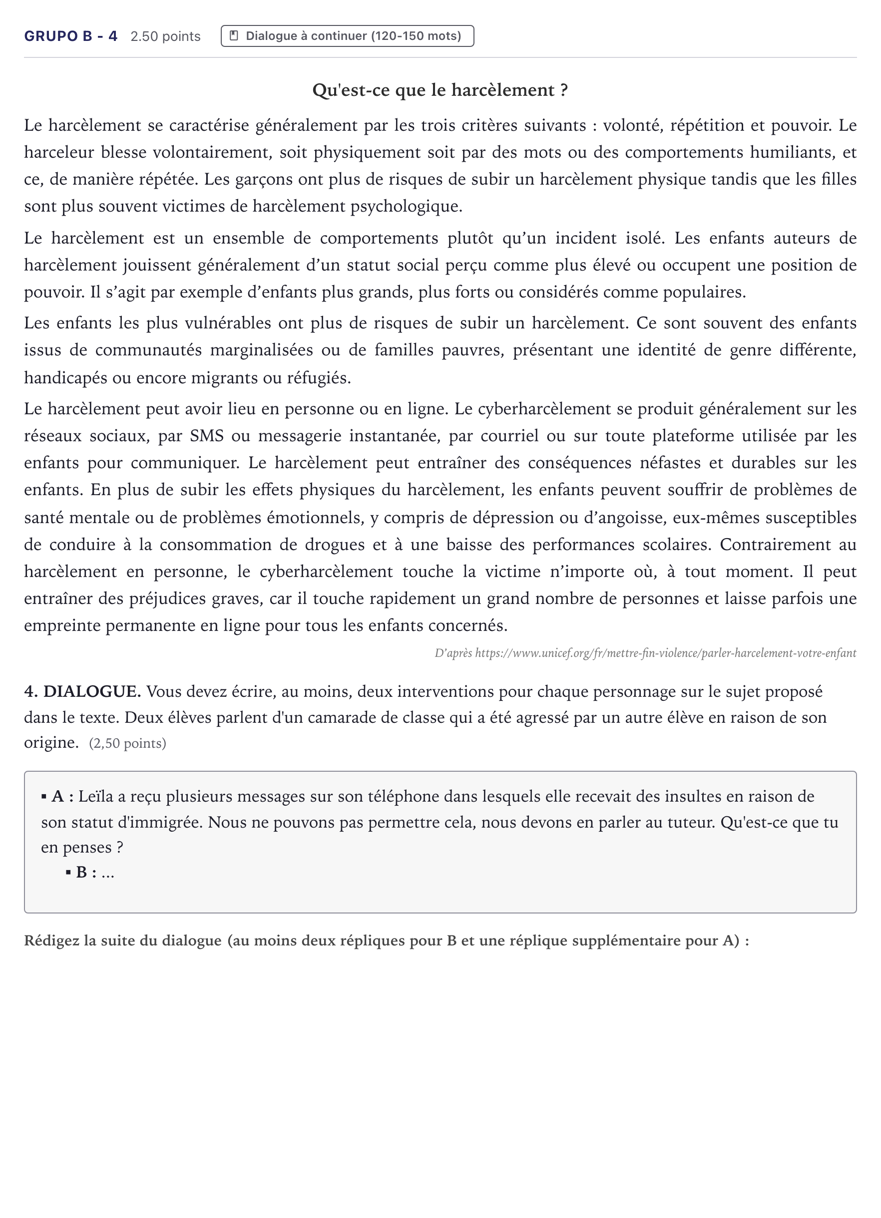 Enunciado: Ejercicio Grupo B - 4 · Francés PAU Canarias Julio (2) 2023