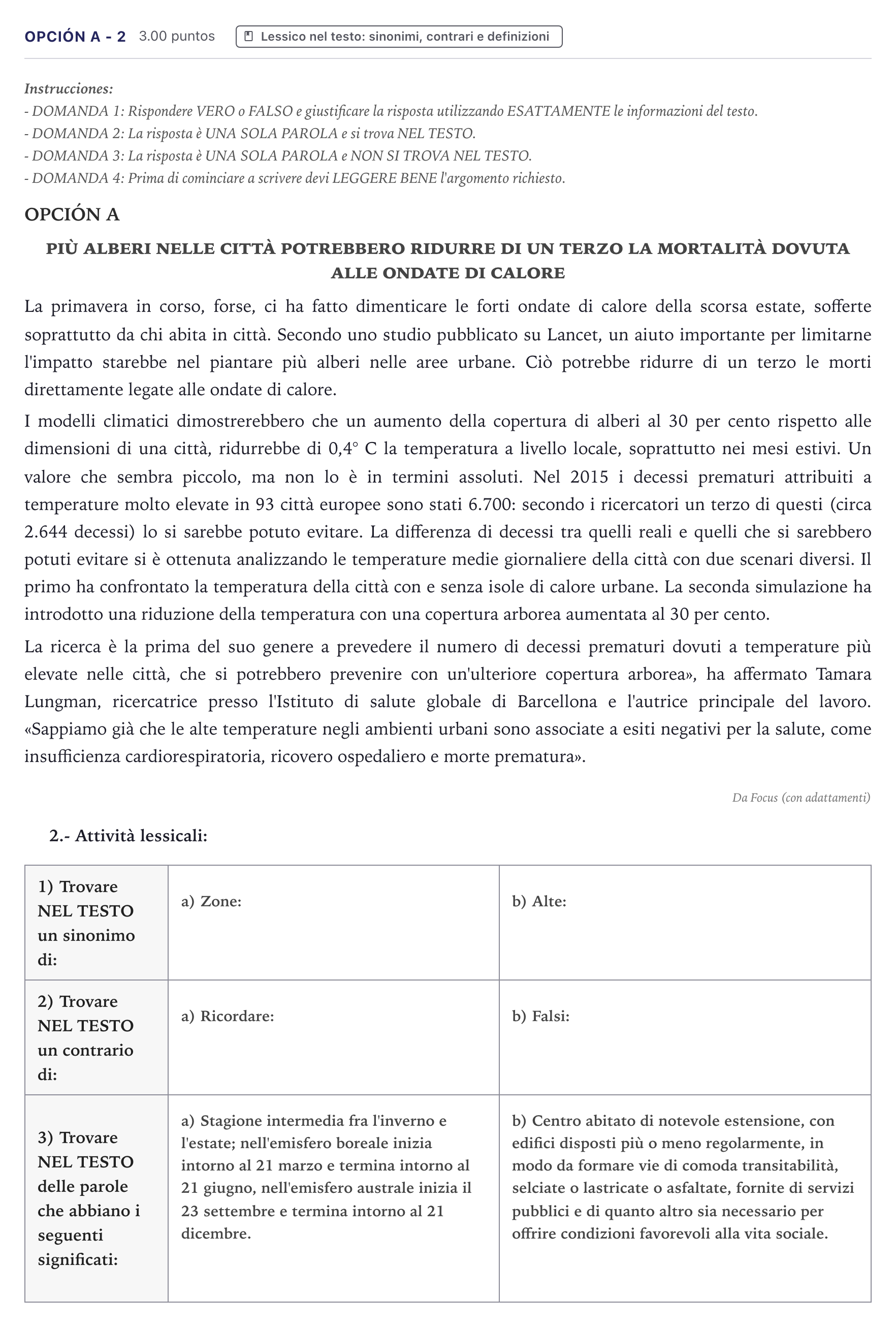 Enunciado: Opción A - 2 · Italiano PAU Canarias Julio 2023