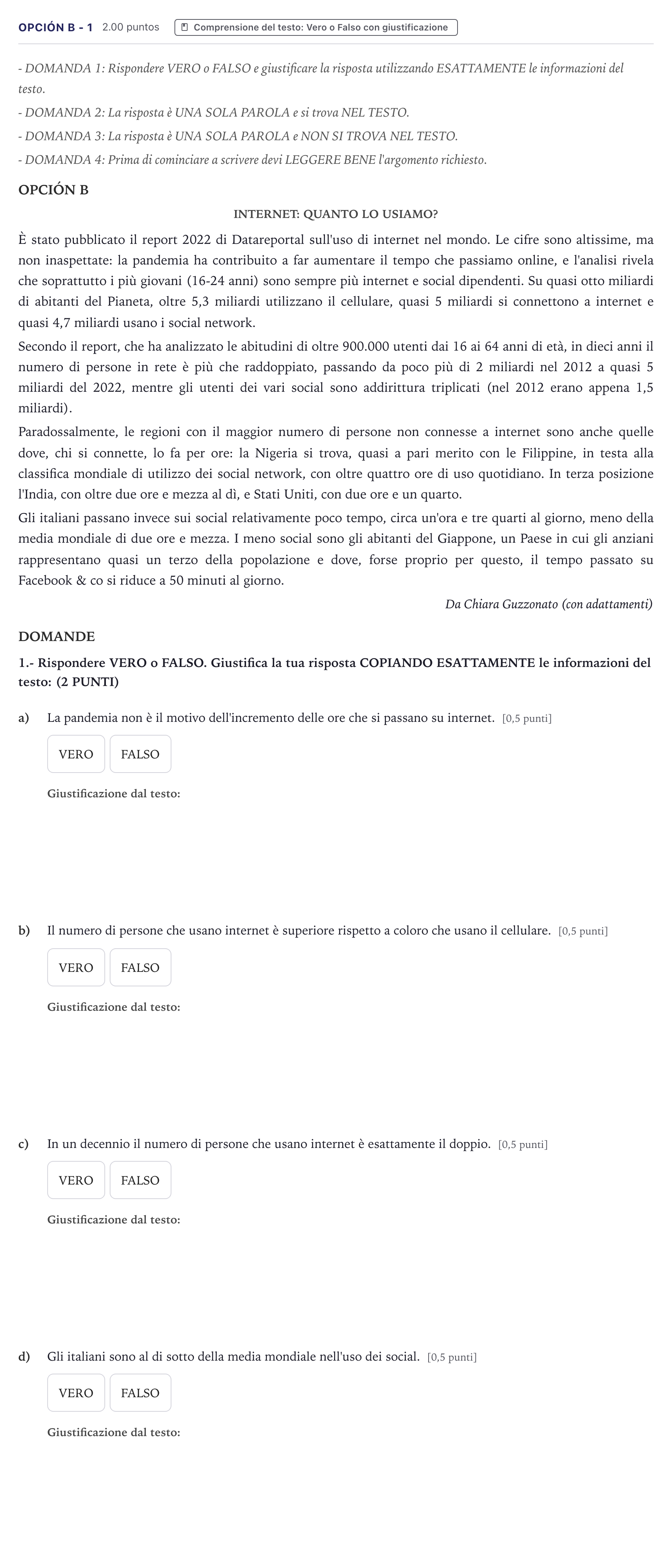 Enunciado: Opción B - 1 · Italiano PAU Canarias Julio 2023