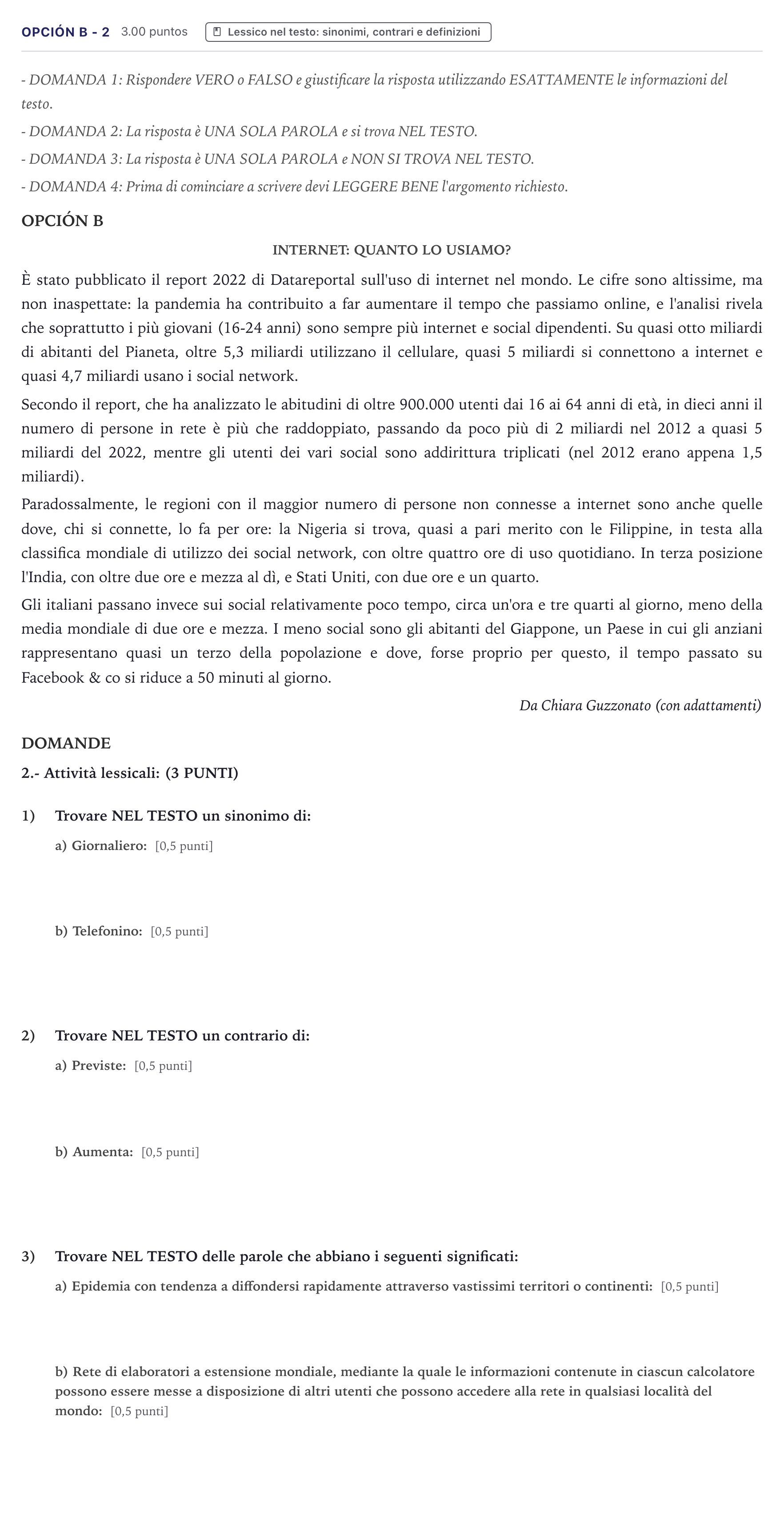 Enunciado: Opción B - 2 · Italiano PAU Canarias Julio 2023