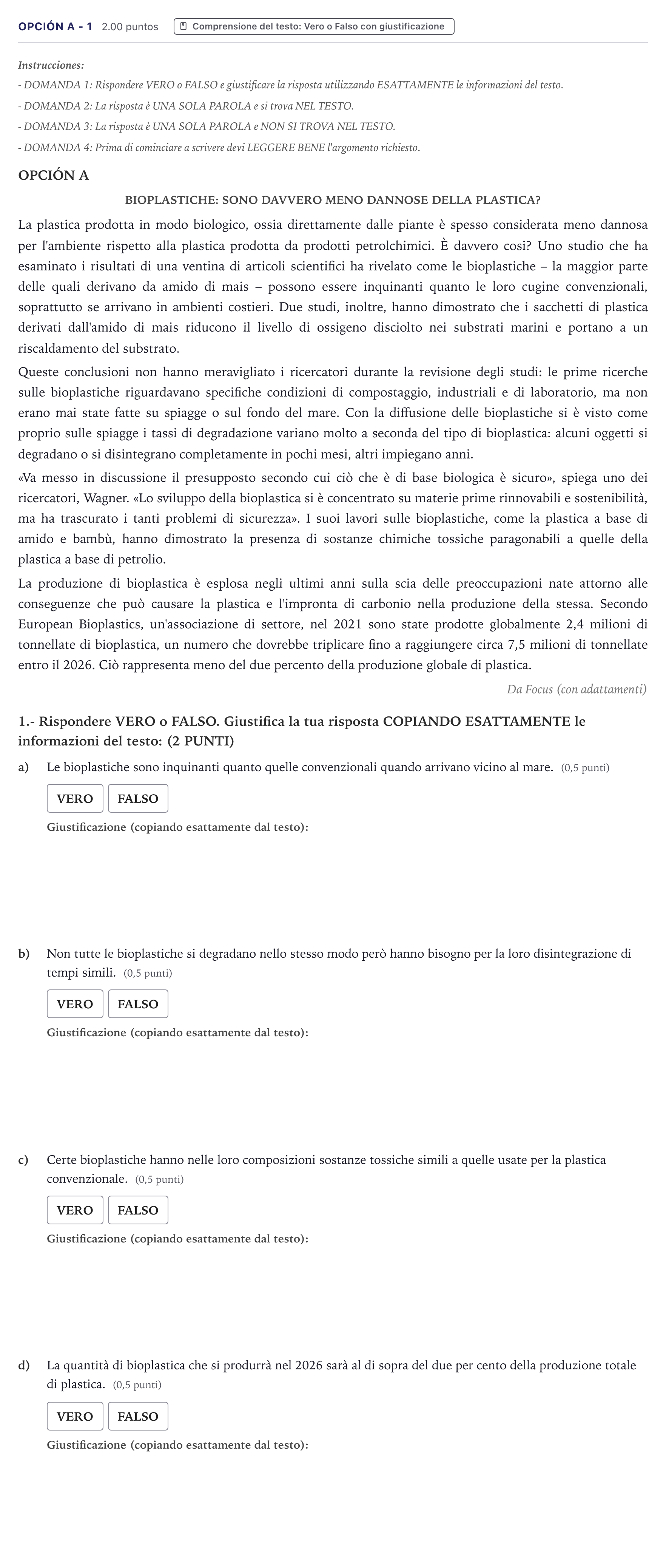 Enunciado: Opción A - 1 · Italiano PAU Canarias Julio (2) 2023