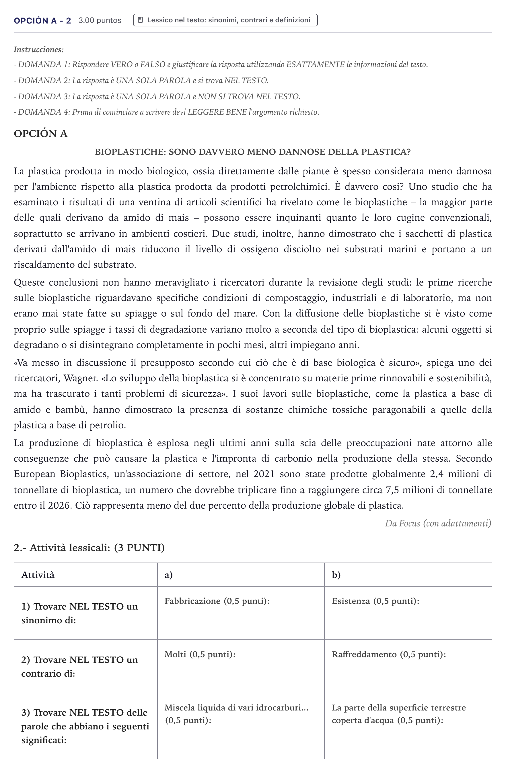 Enunciado: Opción A - 2 · Italiano PAU Canarias Julio (2) 2023