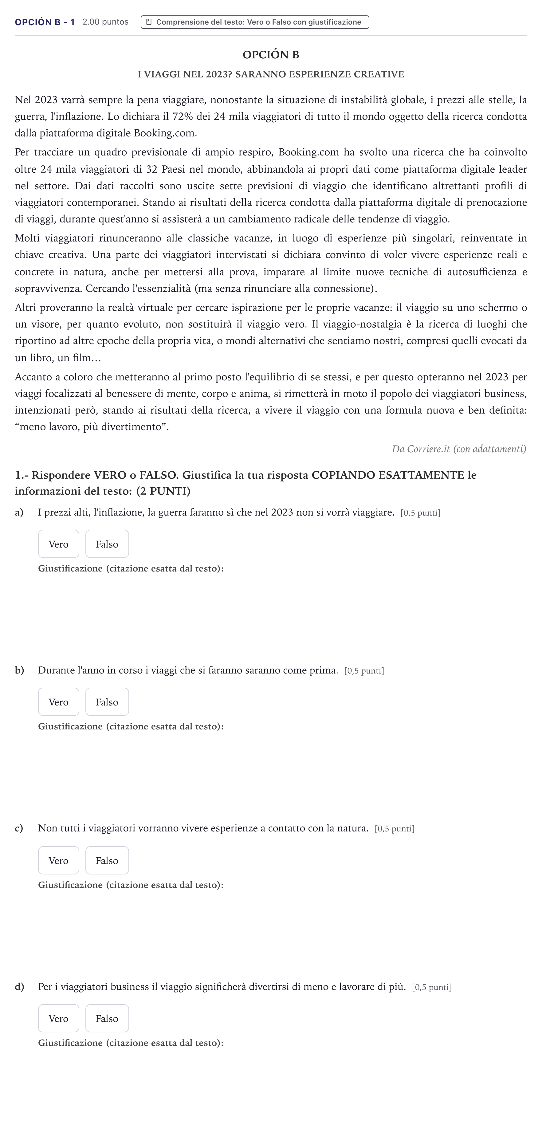 Enunciado: Opción B - 1 · Italiano PAU Canarias Julio (2) 2023