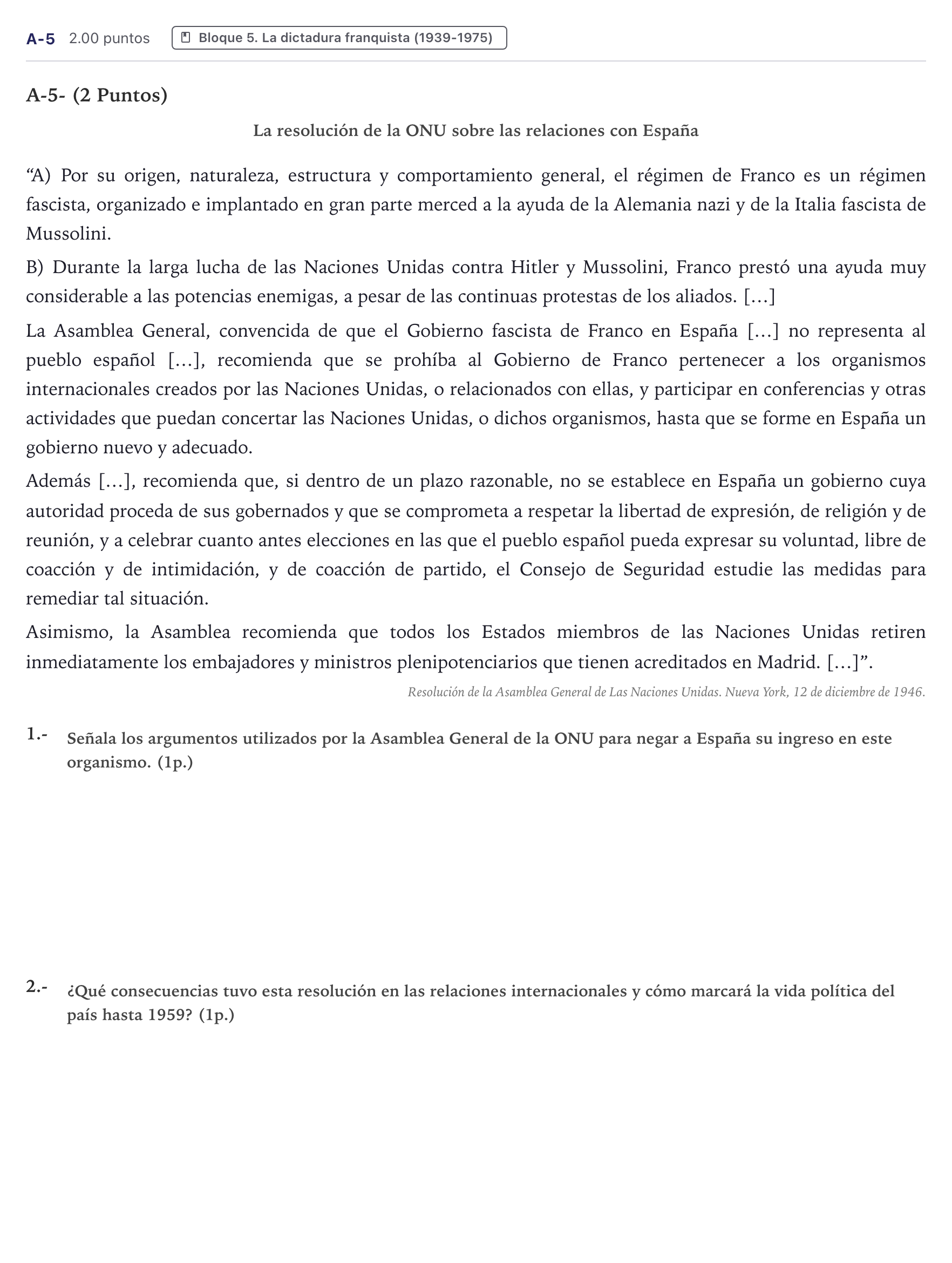 Enunciado: Ejercicio A-5 · Historia de España PAU Canarias Julio 2023