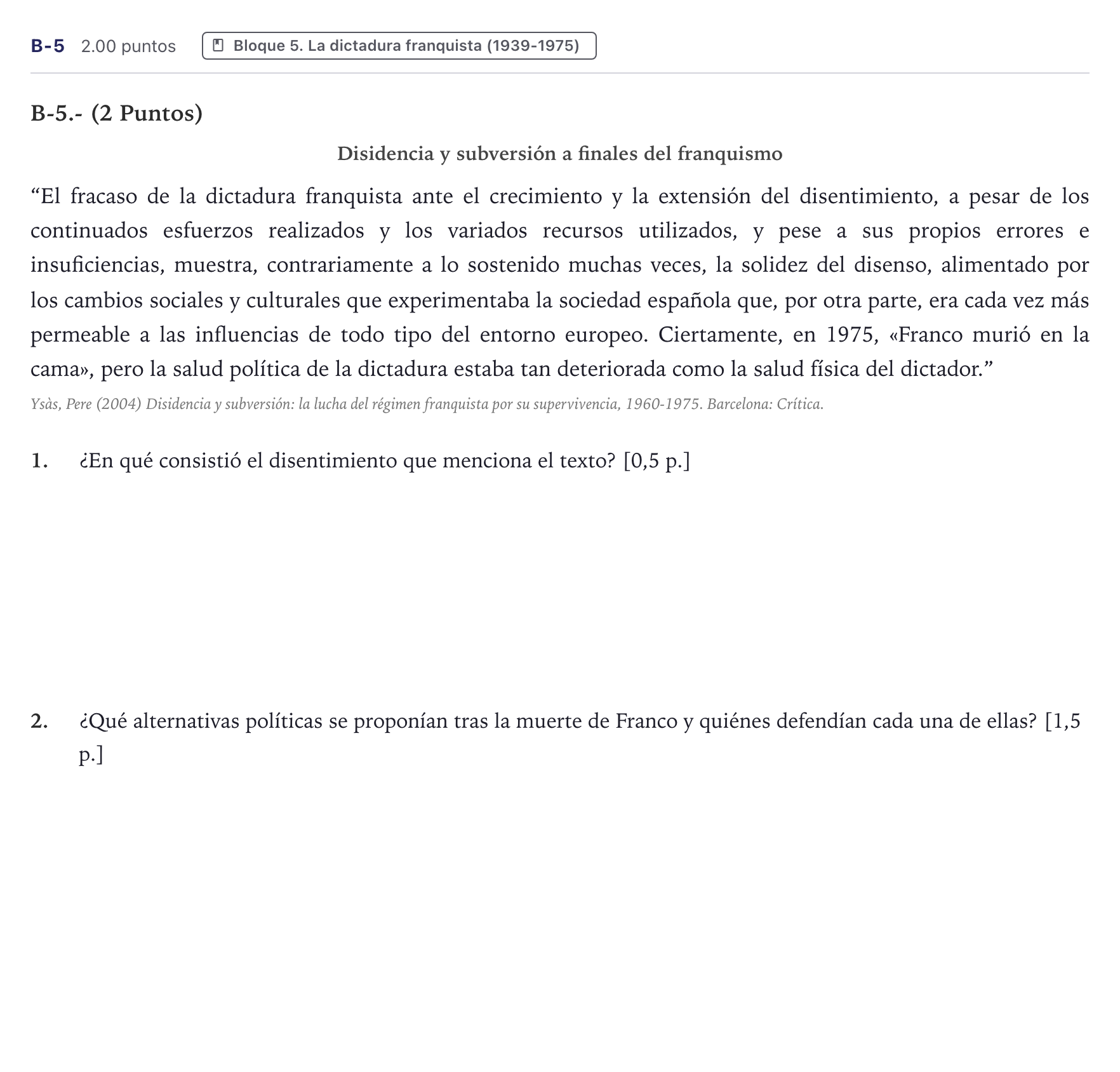 Enunciado: Ejercicio B-5 · Historia de España PAU Canarias Julio 2023