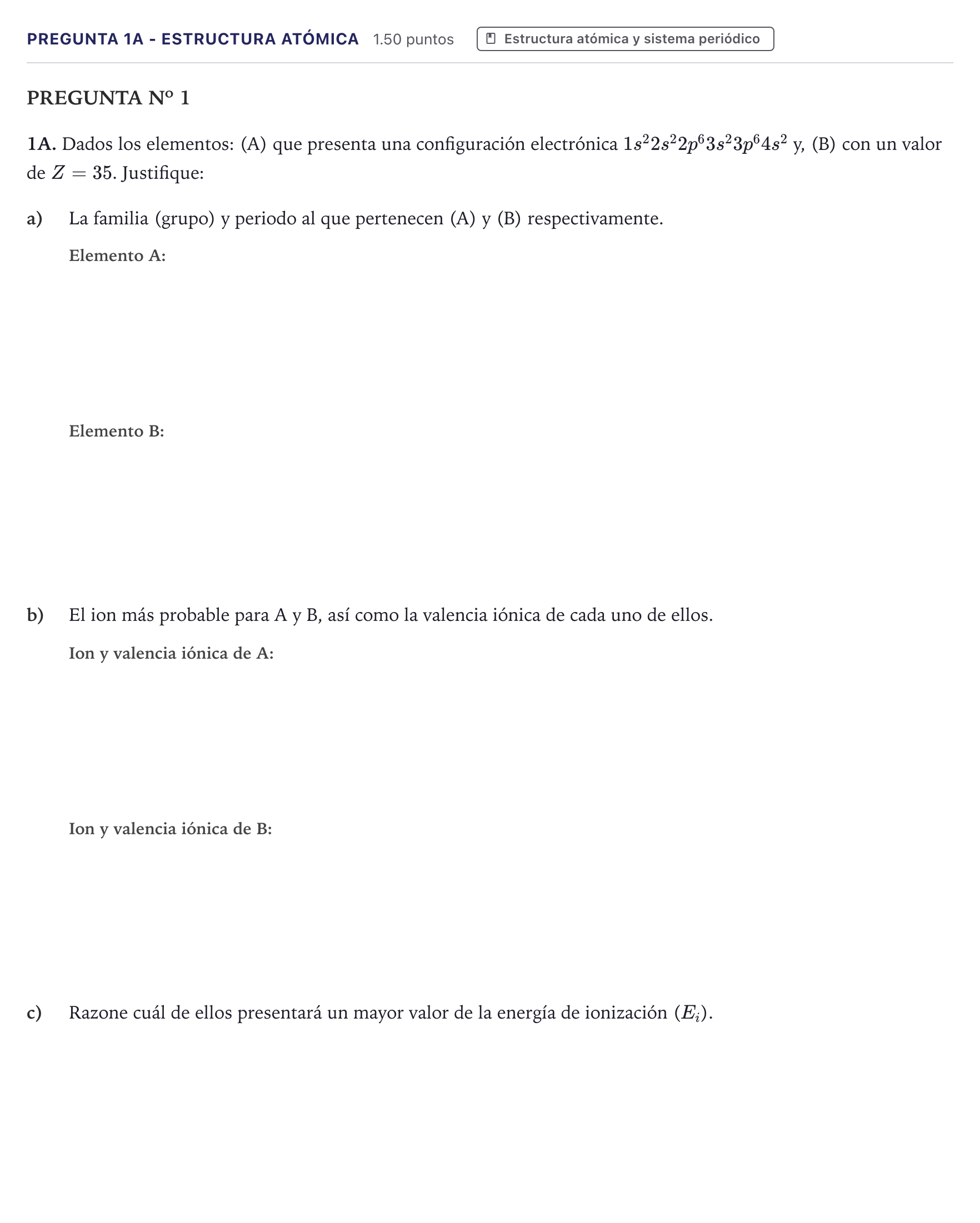 Enunciado: Pregunta 1A - Estructura atómica · Química PAU Canarias Julio 2023