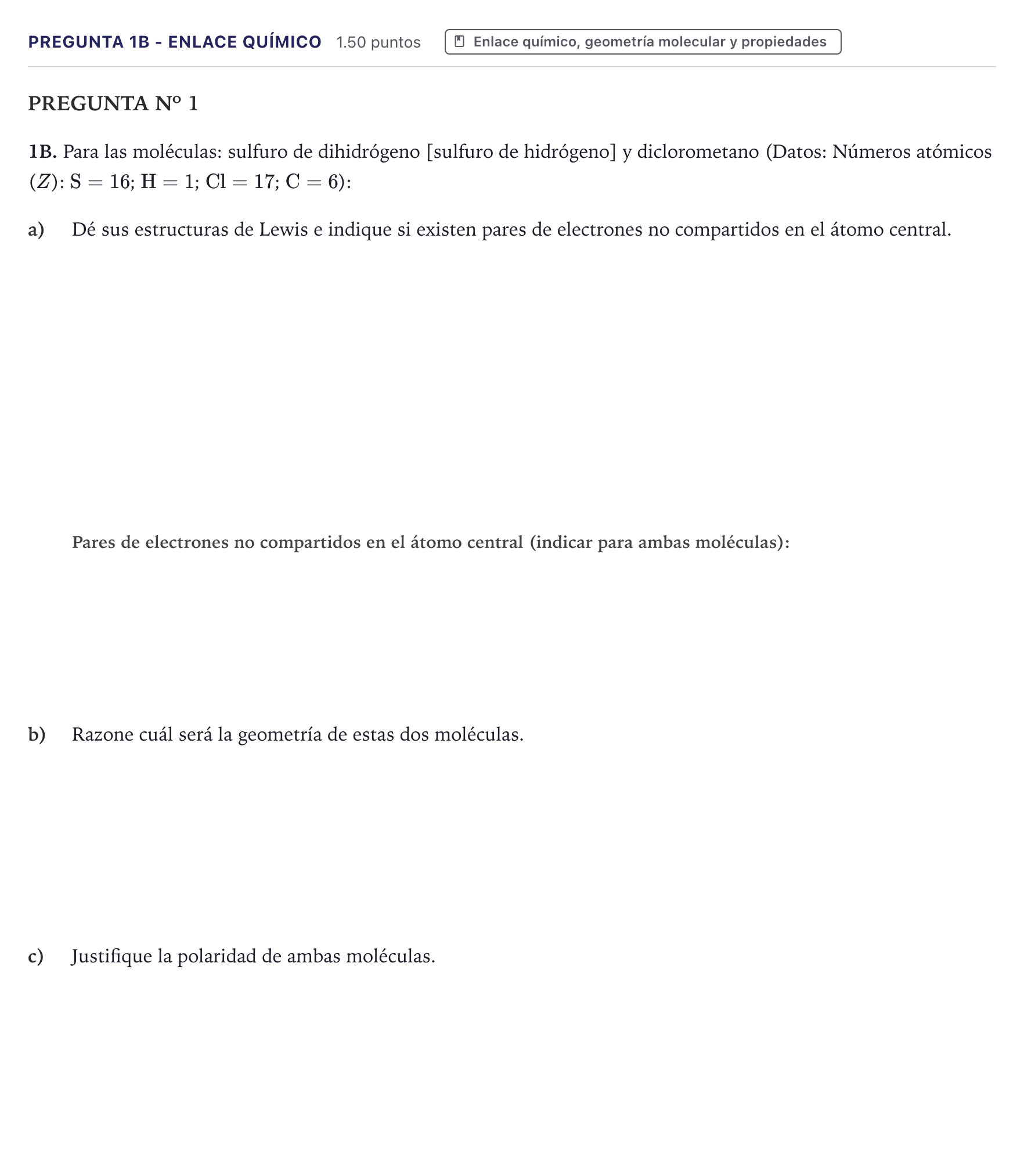 Enunciado: Pregunta 1B - Enlace químico · Química PAU Canarias Julio 2023