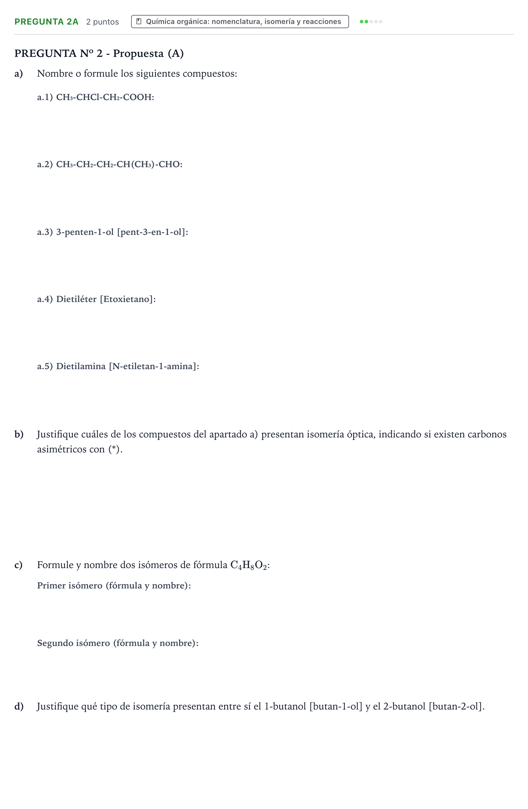 Enunciado: Pregunta 2A · Química PAU Canarias Julio 2023