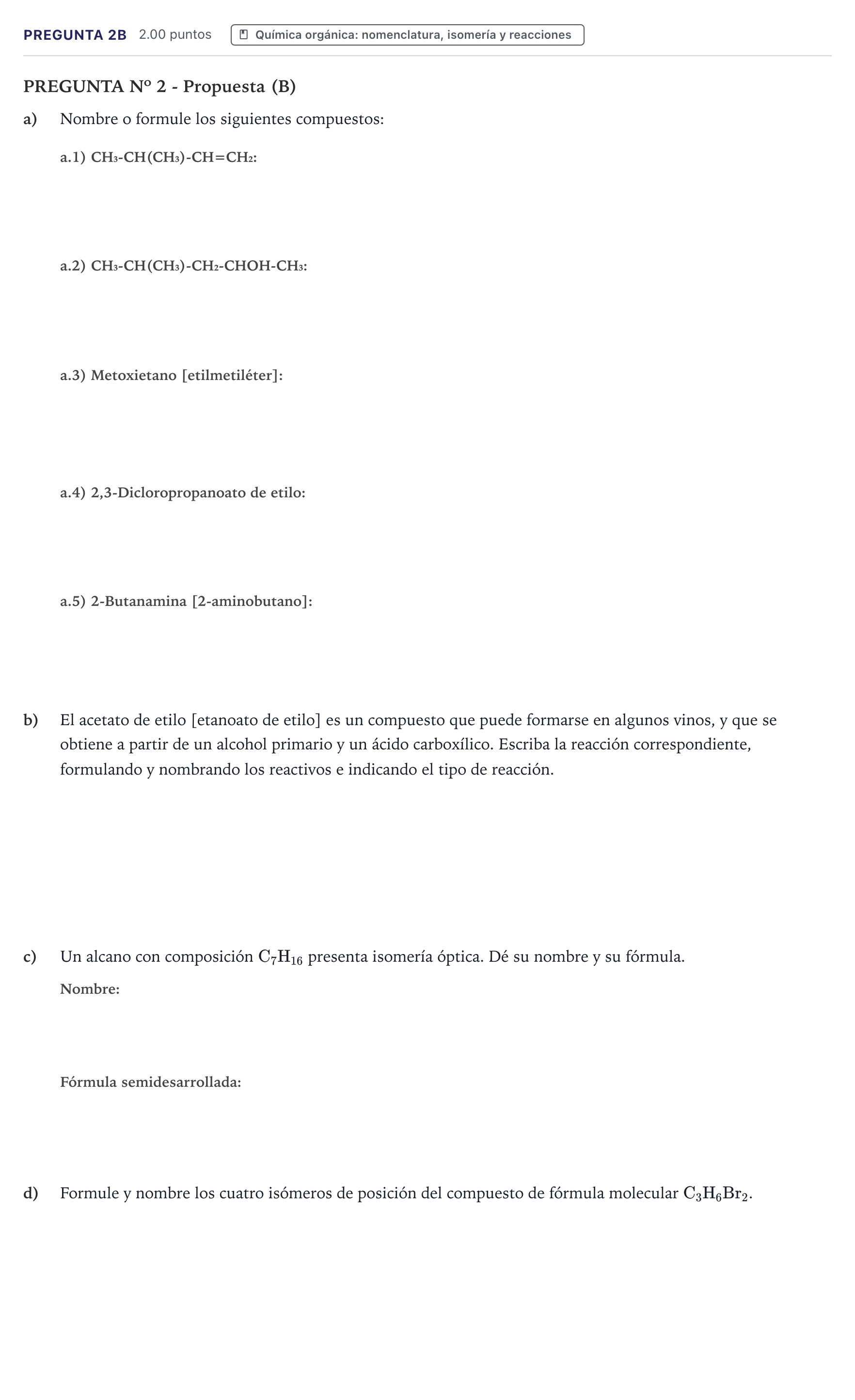 Enunciado: Pregunta 2B · Química PAU Canarias Julio 2023