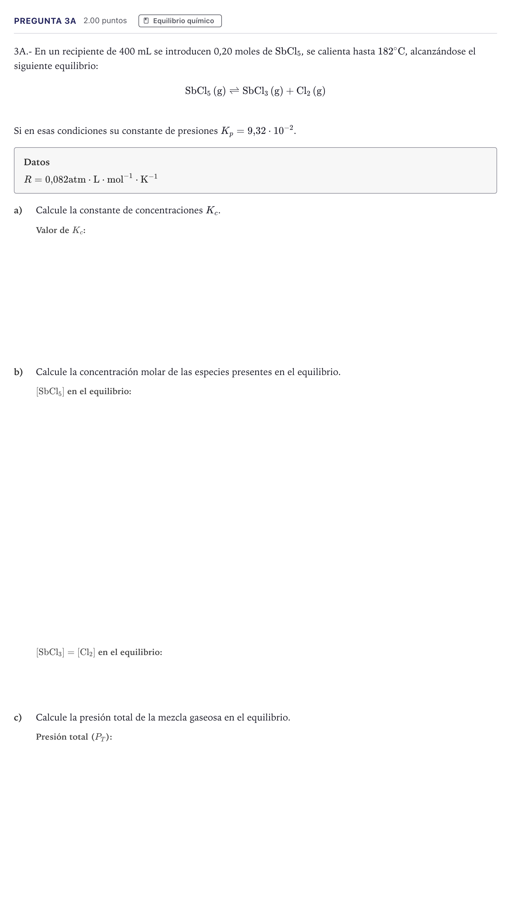 Enunciado: Pregunta 3A · Química PAU Canarias Julio 2023