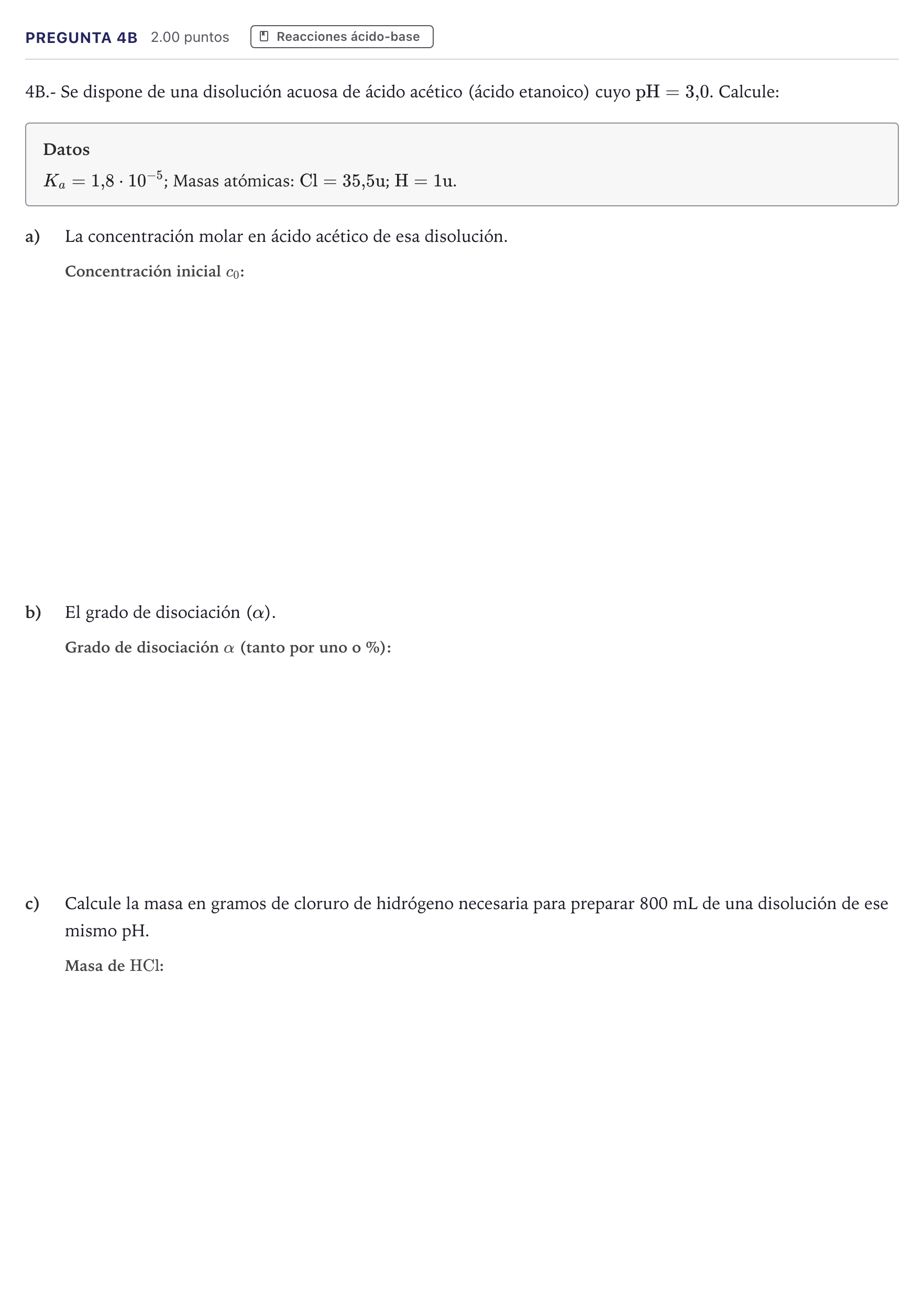 Enunciado: Pregunta 4B · Química PAU Canarias Julio 2023