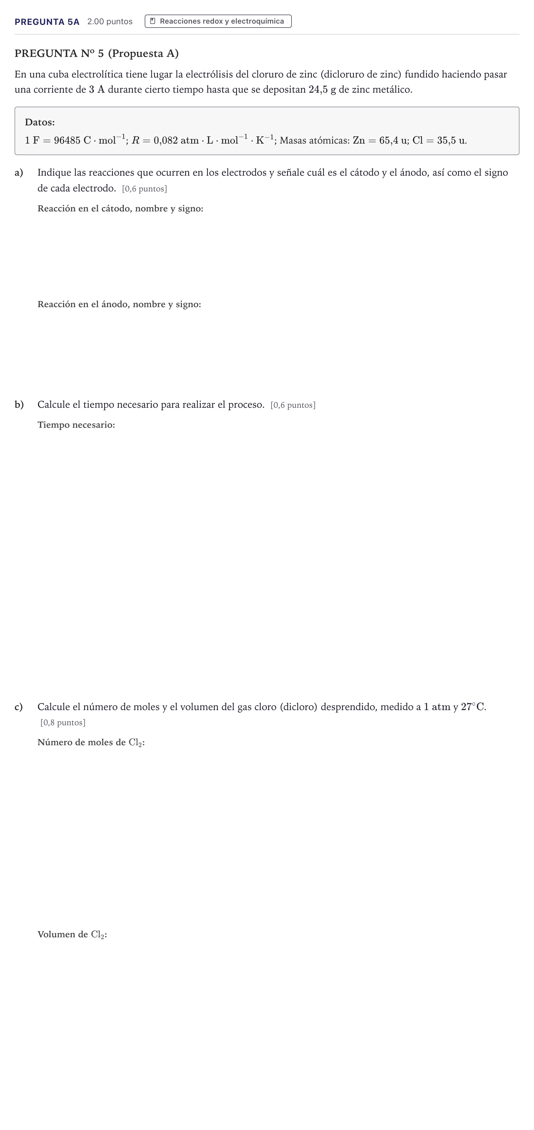 Enunciado: Pregunta 5A · Química PAU Canarias Julio 2023