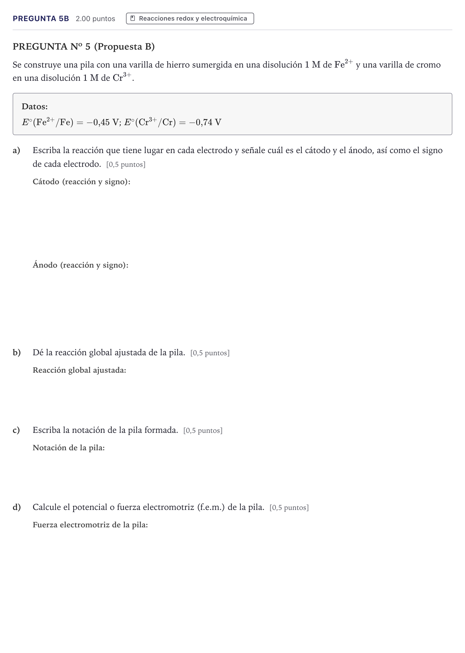 Enunciado: Pregunta 5B · Química PAU Canarias Julio 2023