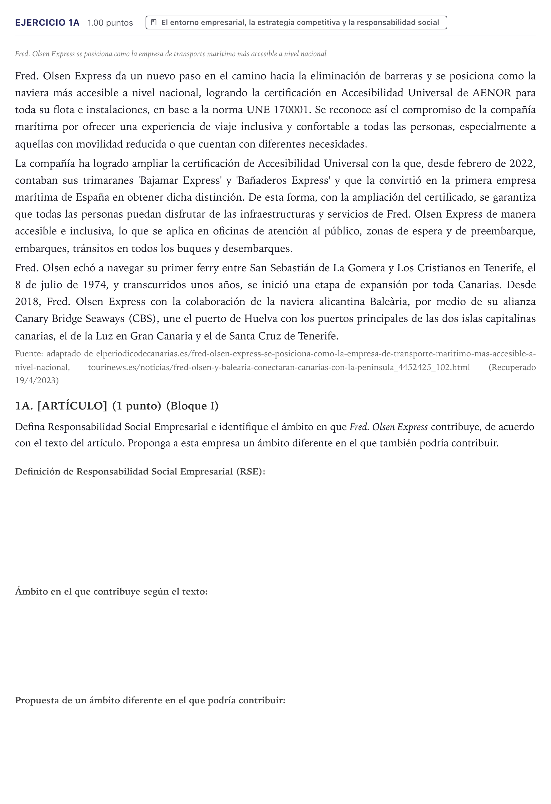 Enunciado: Ejercicio 1A · Economía de la Empresa PAU Canarias Julio 2023