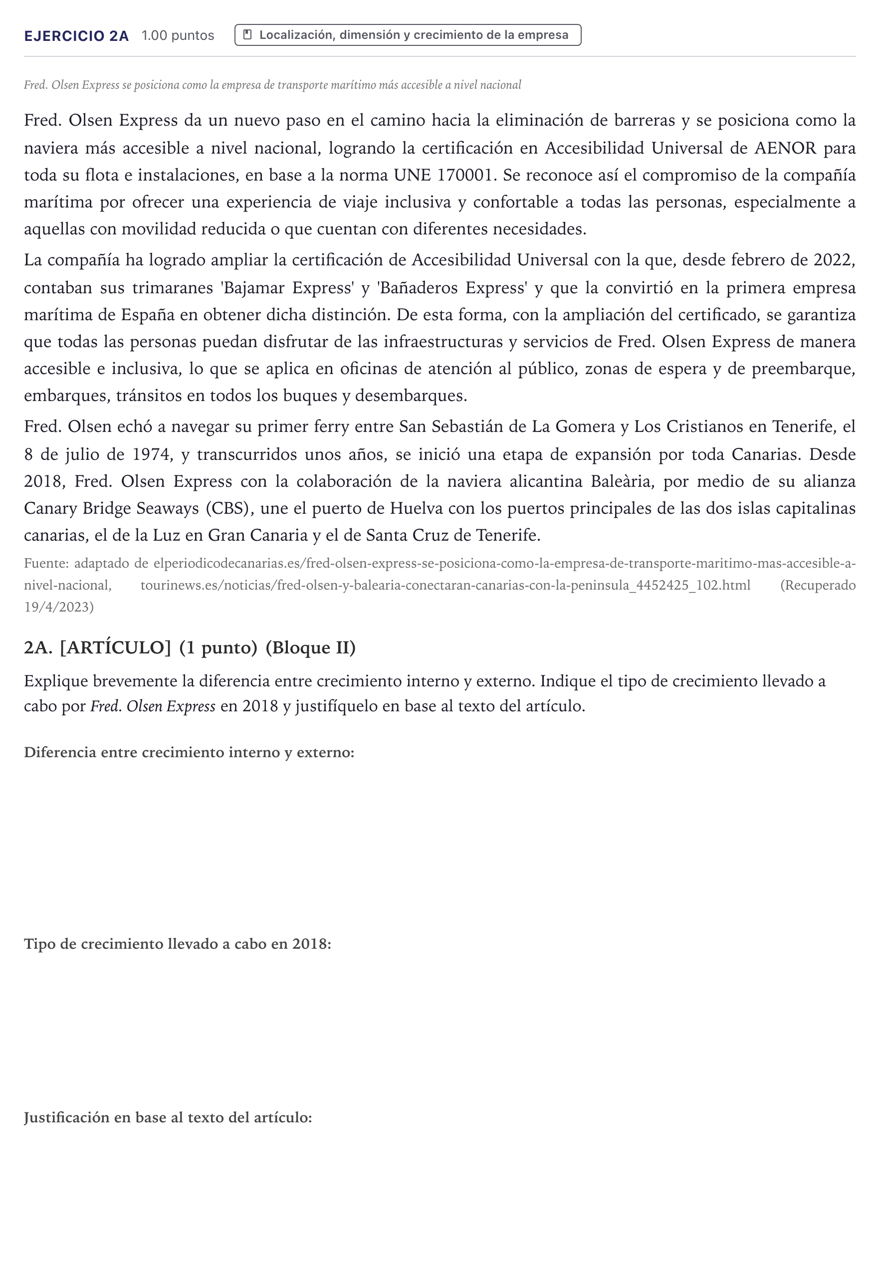 Enunciado: Ejercicio 2A · Economía de la Empresa PAU Canarias Julio 2023