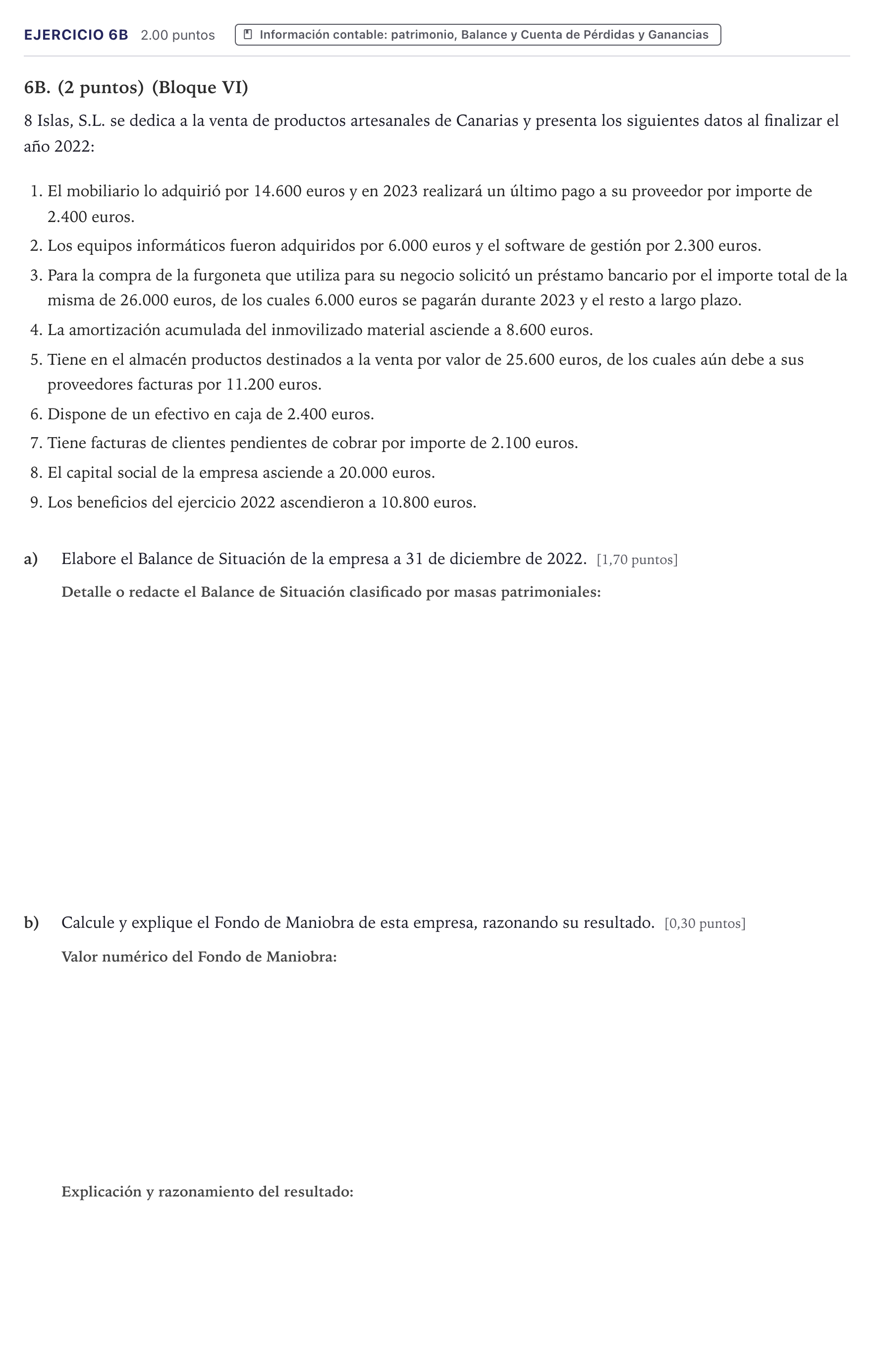 Enunciado: Ejercicio 6B · Economía de la Empresa PAU Canarias Julio 2023