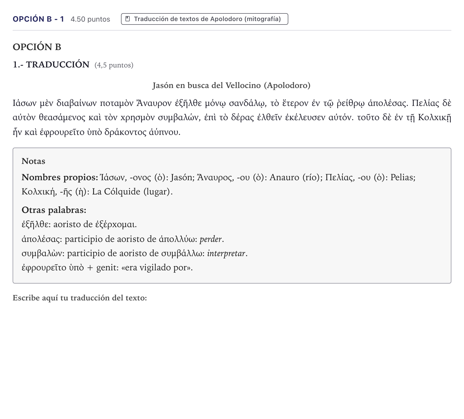 Enunciado: Opción B - 1 · Griego II PAU Canarias Julio 2023