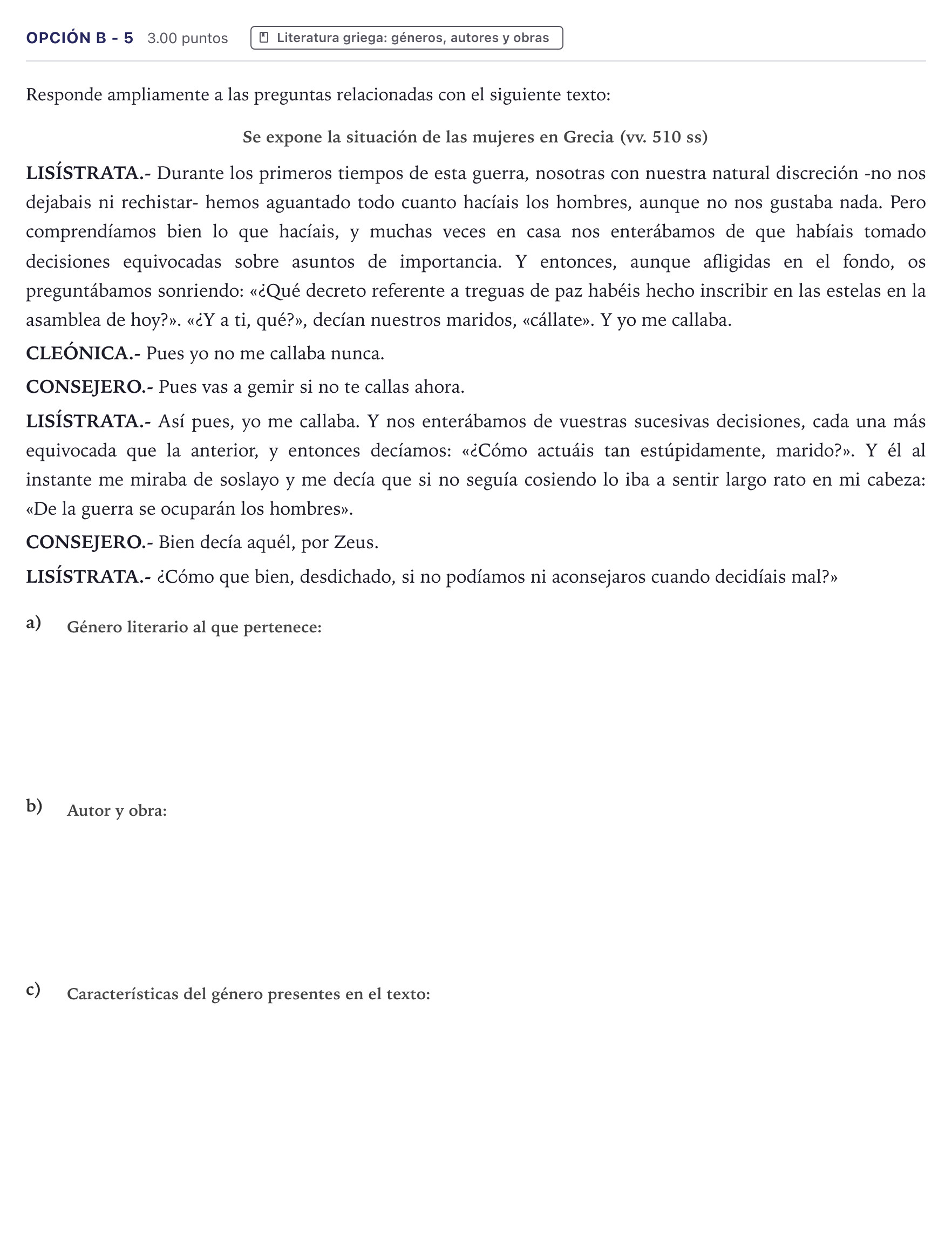 Enunciado: Opción B - 5 · Griego II PAU Canarias Julio 2023