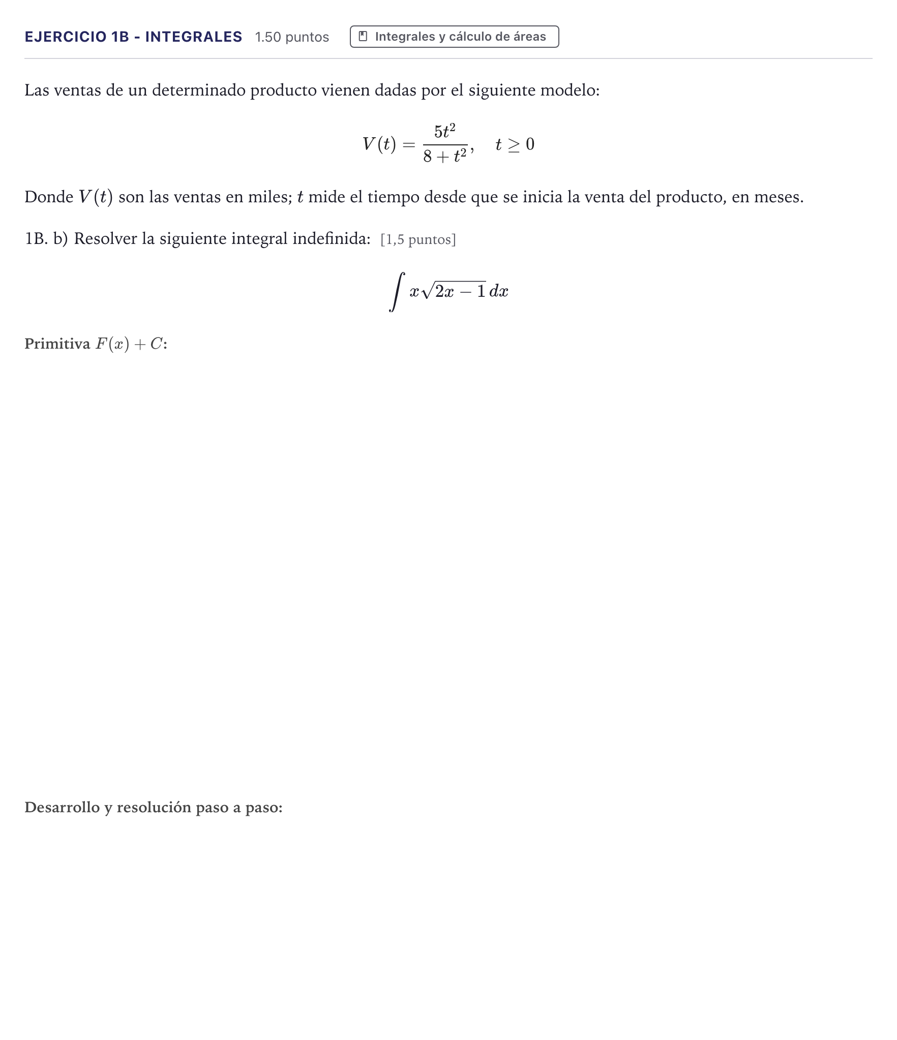 Enunciado: Ejercicio 1B - Integrales · Matemáticas II PAU Canarias Julio 2023