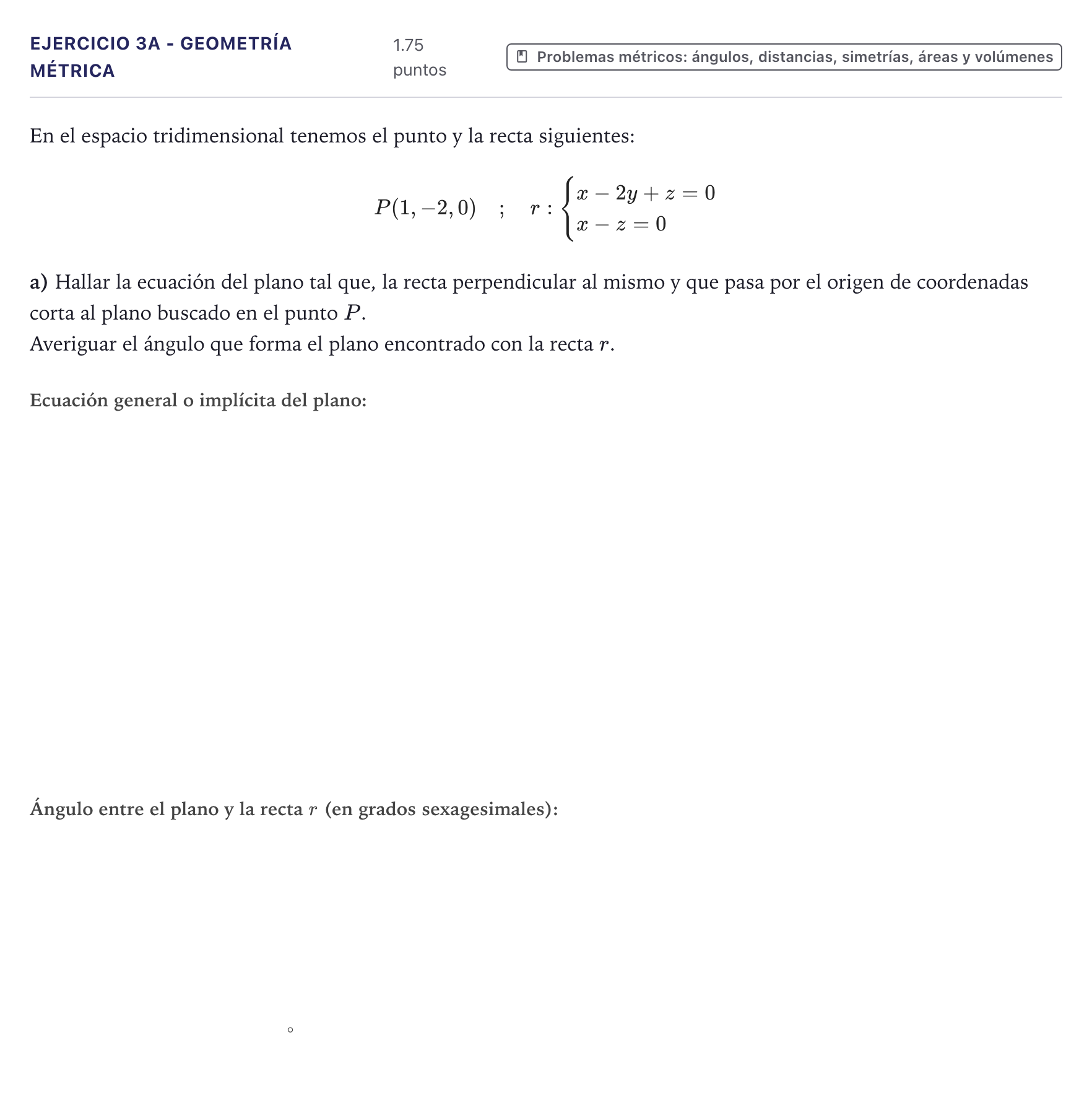 Enunciado: Ejercicio 3A - Geometría métrica · Matemáticas II PAU Canarias Julio 2023