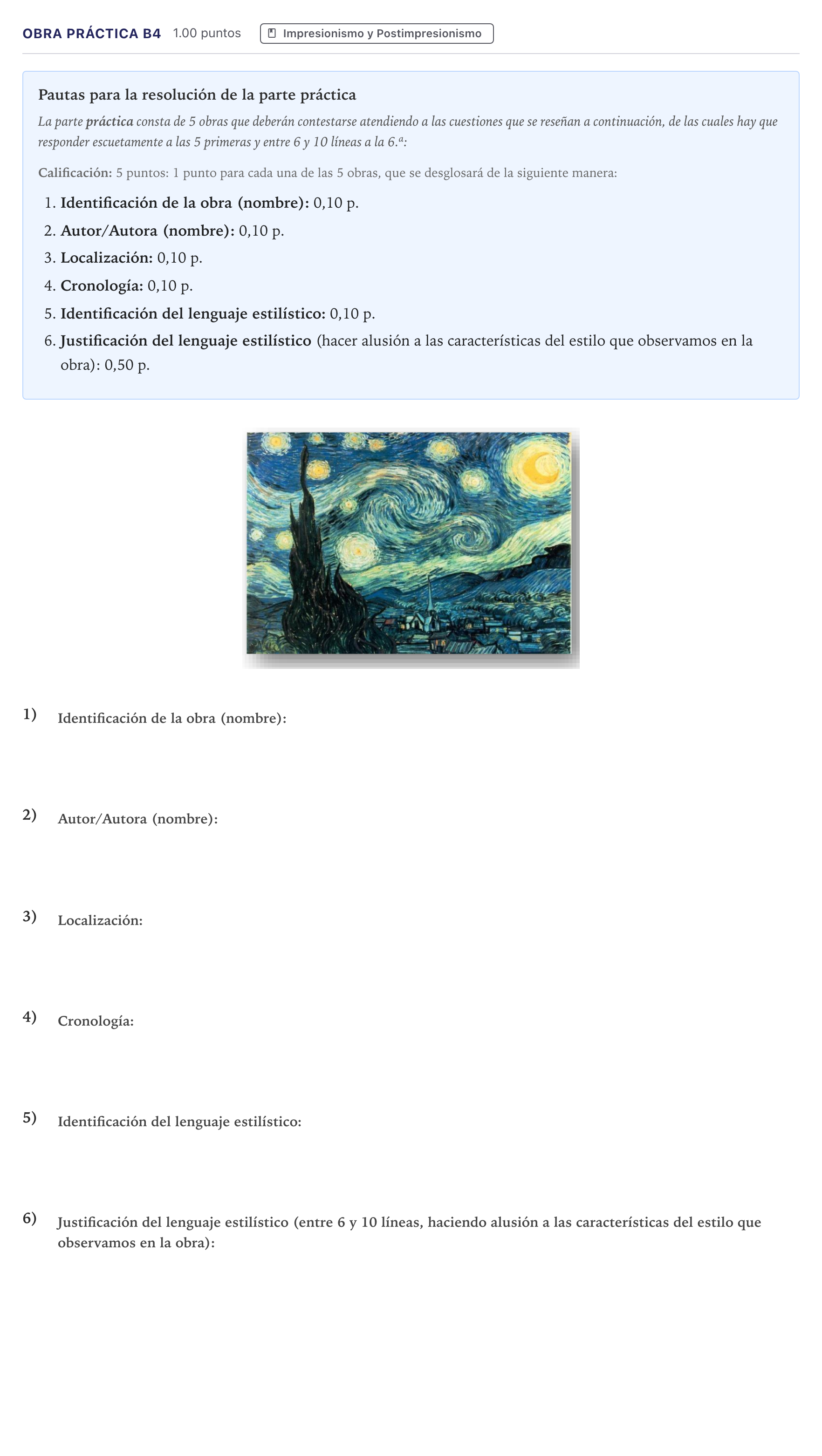 Enunciado: Ejercicio Obra práctica B4 · Historia del Arte PAU Canarias Julio 2023