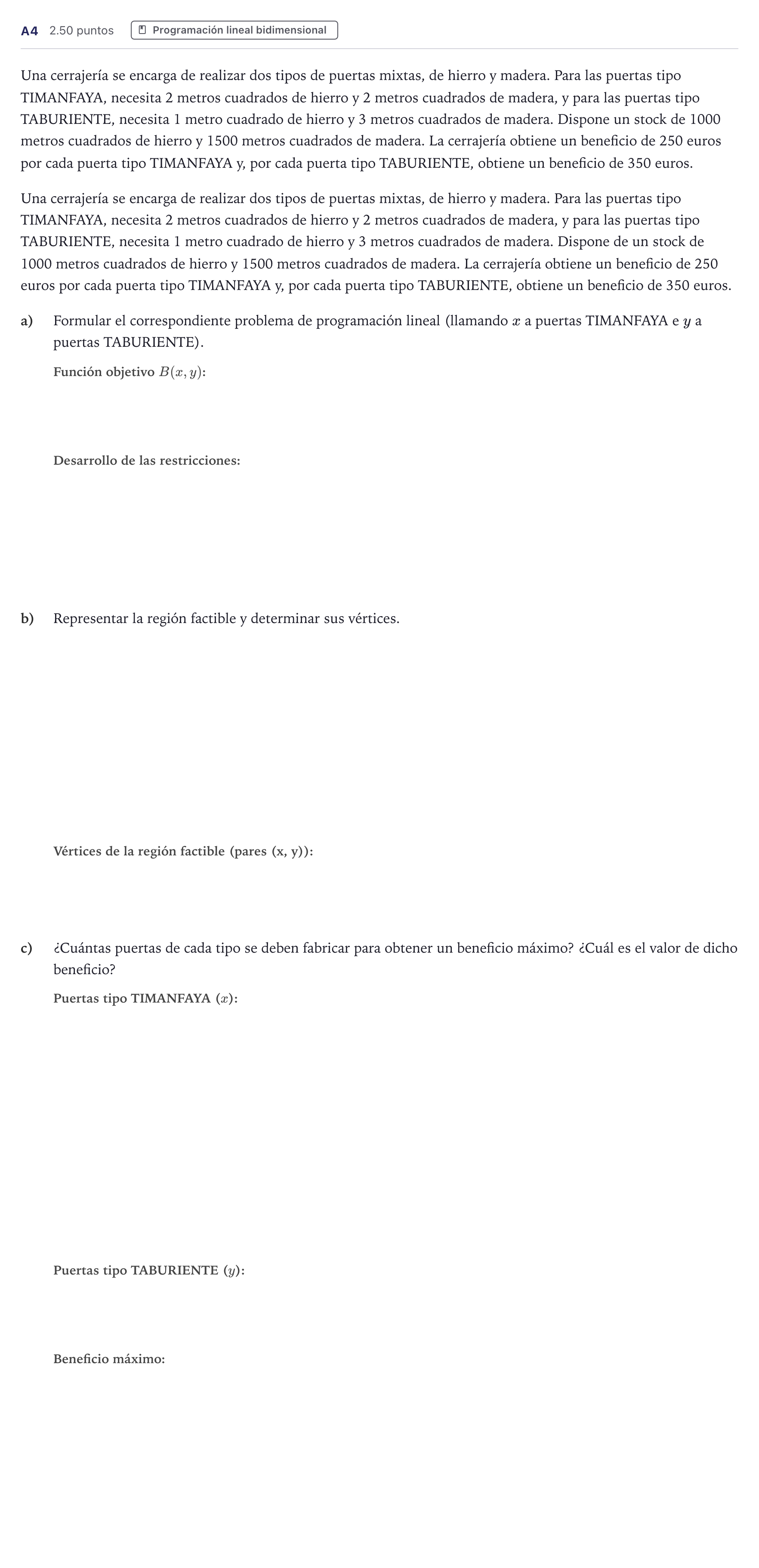 Enunciado: Ejercicio A4 · Matemáticas aplicadas a las Ciencias Sociales II PAU Canarias Julio 2023