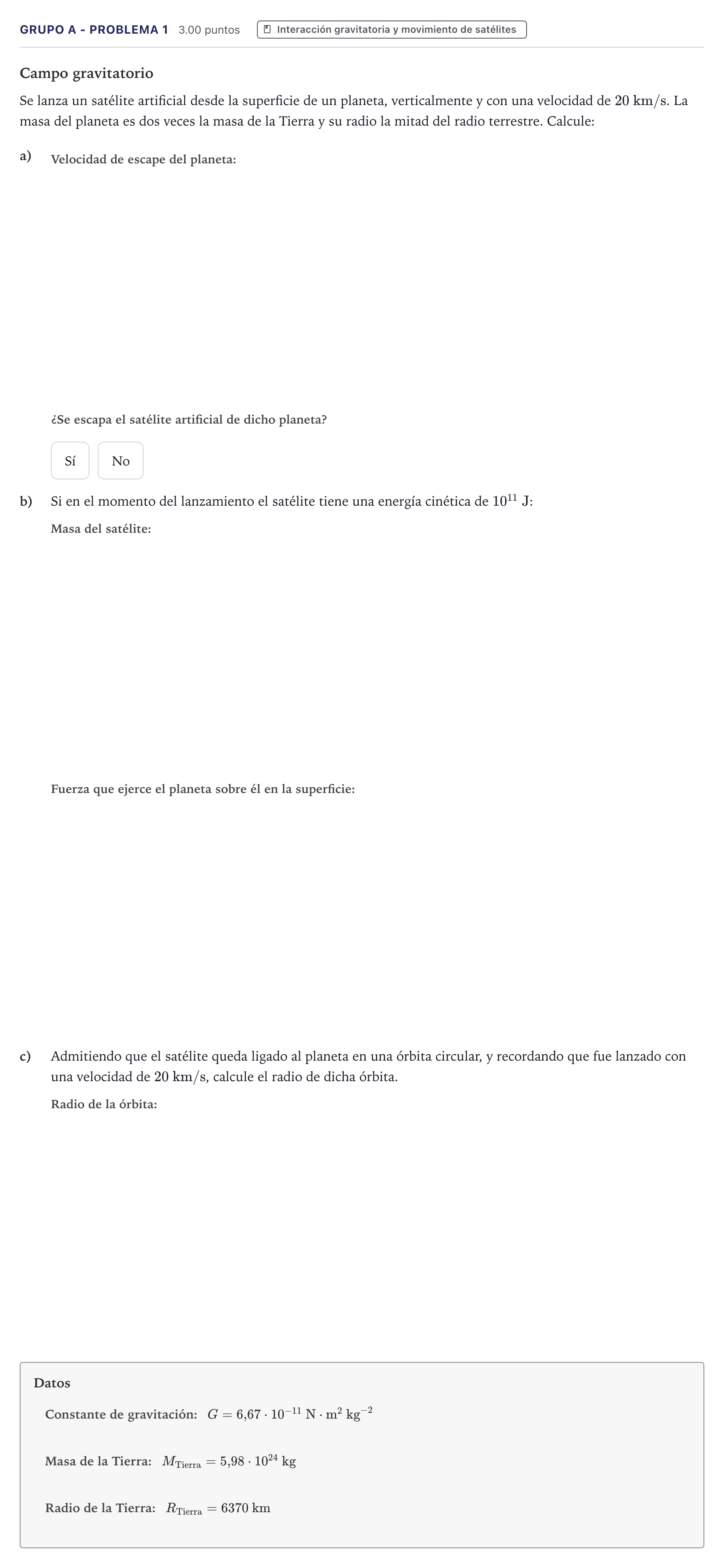 Enunciado: Ejercicio Grupo A - Problema 1 · Física PAU Canarias Julio 2023