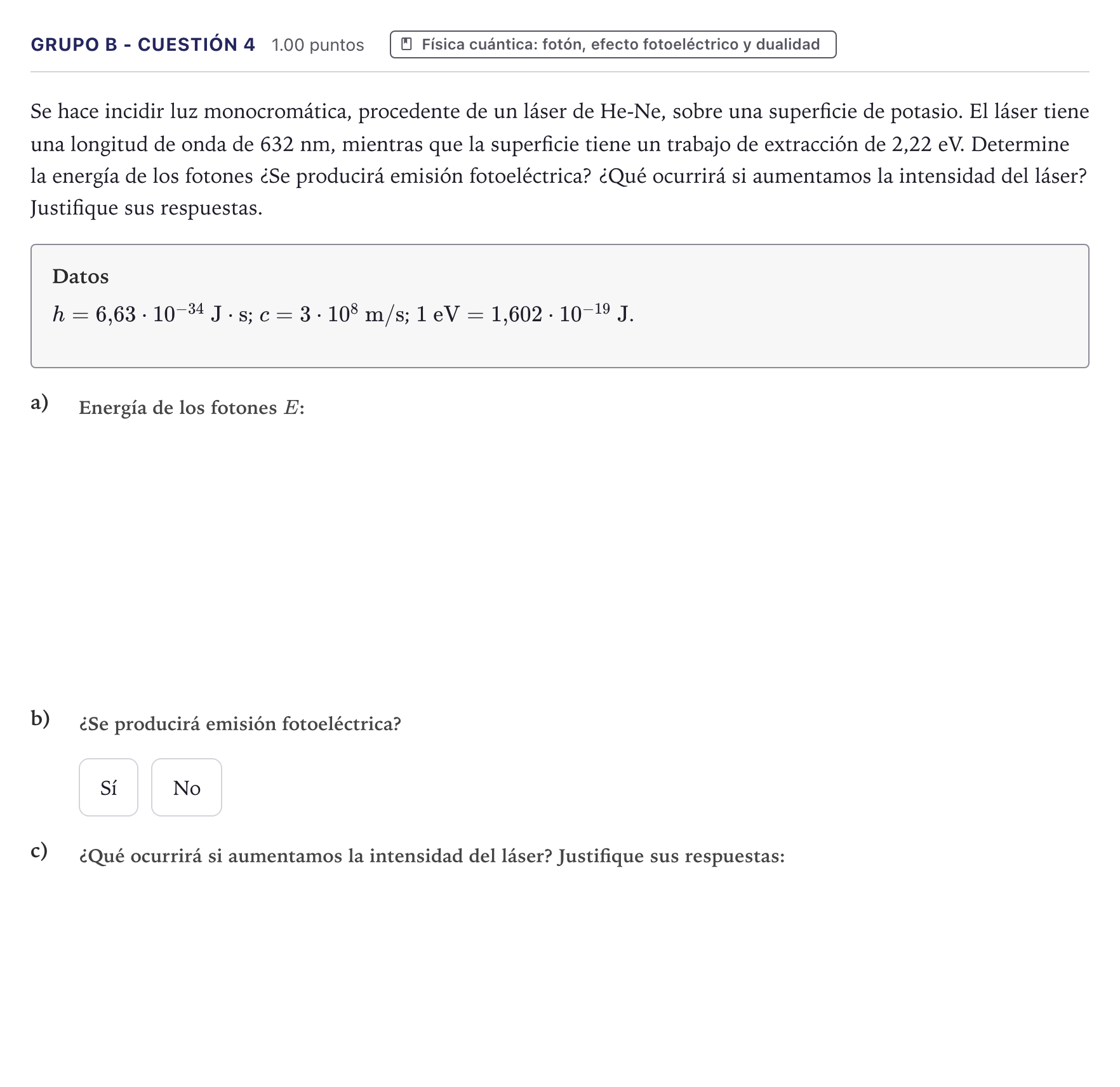 Enunciado: Ejercicio Grupo B - Cuestión 4 · Física PAU Canarias Julio 2023