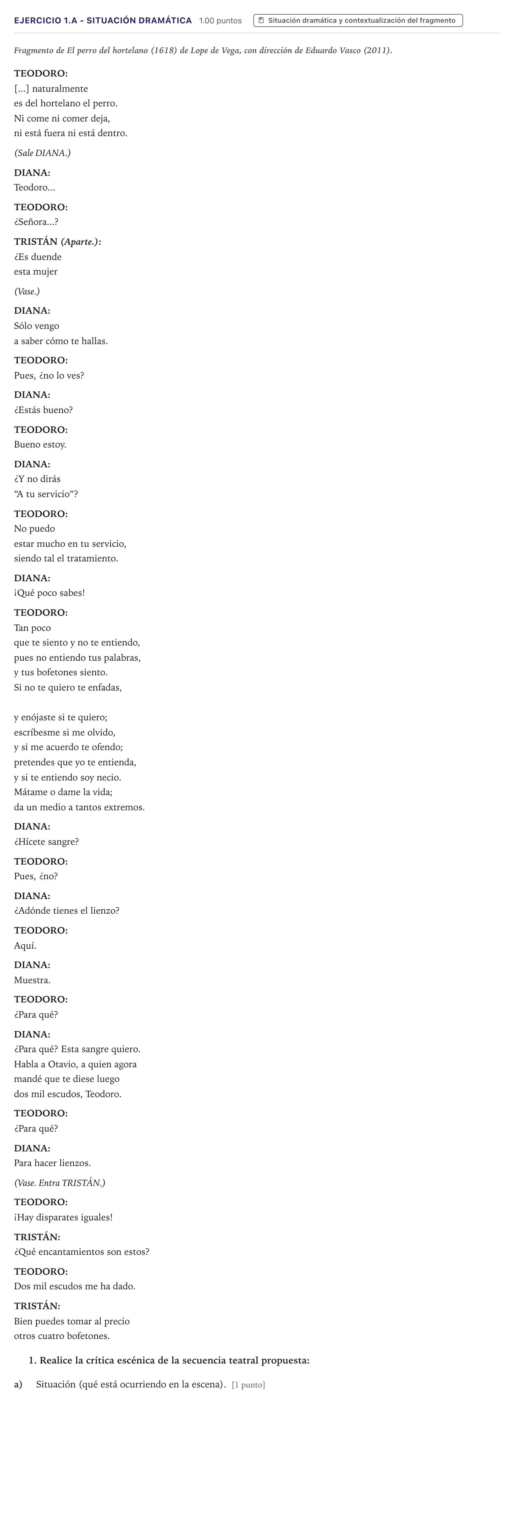 Enunciado: Ejercicio 1.a - Situación dramática · Artes Escénicas PAU Canarias Junio 2024
