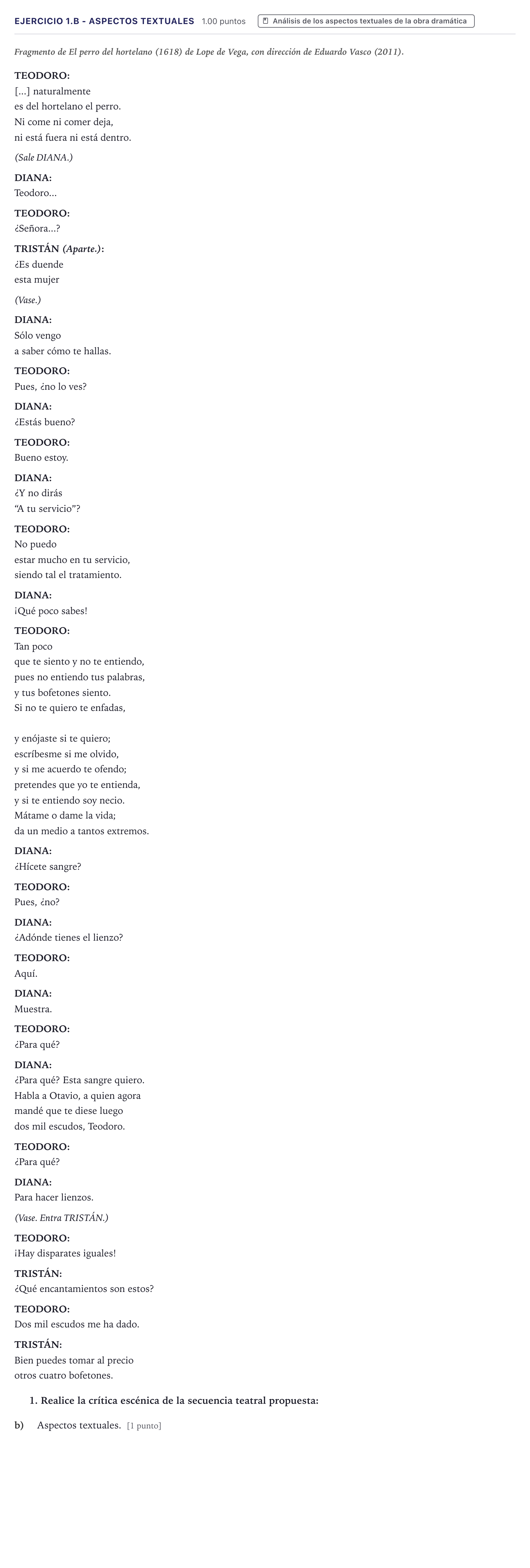 Enunciado: Ejercicio 1.b - Aspectos textuales · Artes Escénicas PAU Canarias Junio 2024