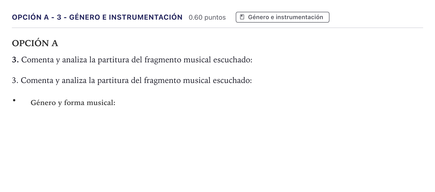 Enunciado: Opción A - 3 - Género e instrumentación · Análisis Musical II PAU Canarias Junio 2024