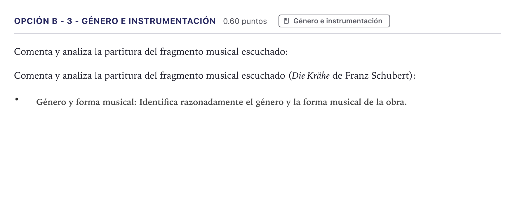 Enunciado: Opción B - 3 - Género e instrumentación · Análisis Musical II PAU Canarias Junio 2024