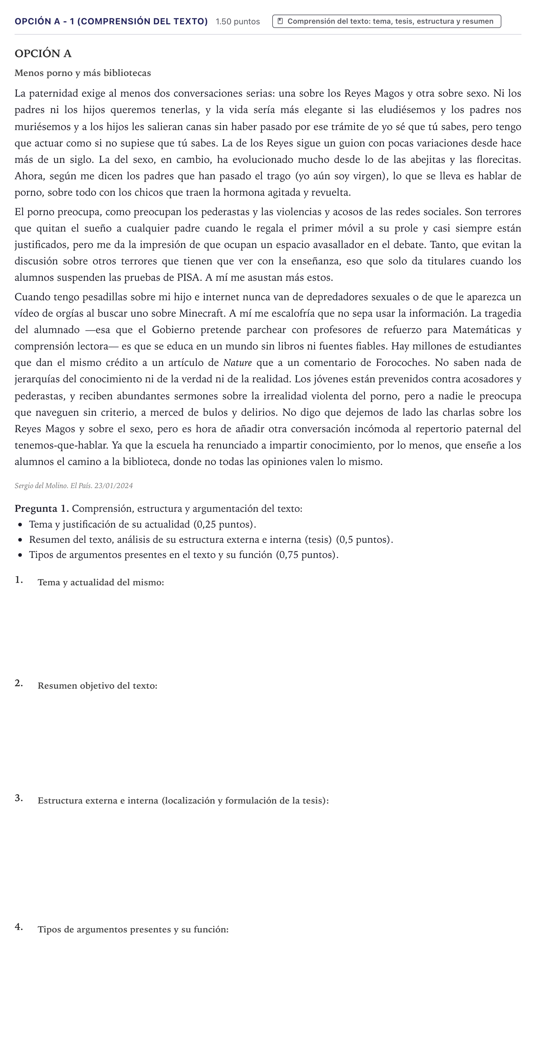 Enunciado: Opción A - 1 (Comprensión del texto) · Lengua Castellana y Literatura II PAU Canarias Junio (Ciencias) 2024