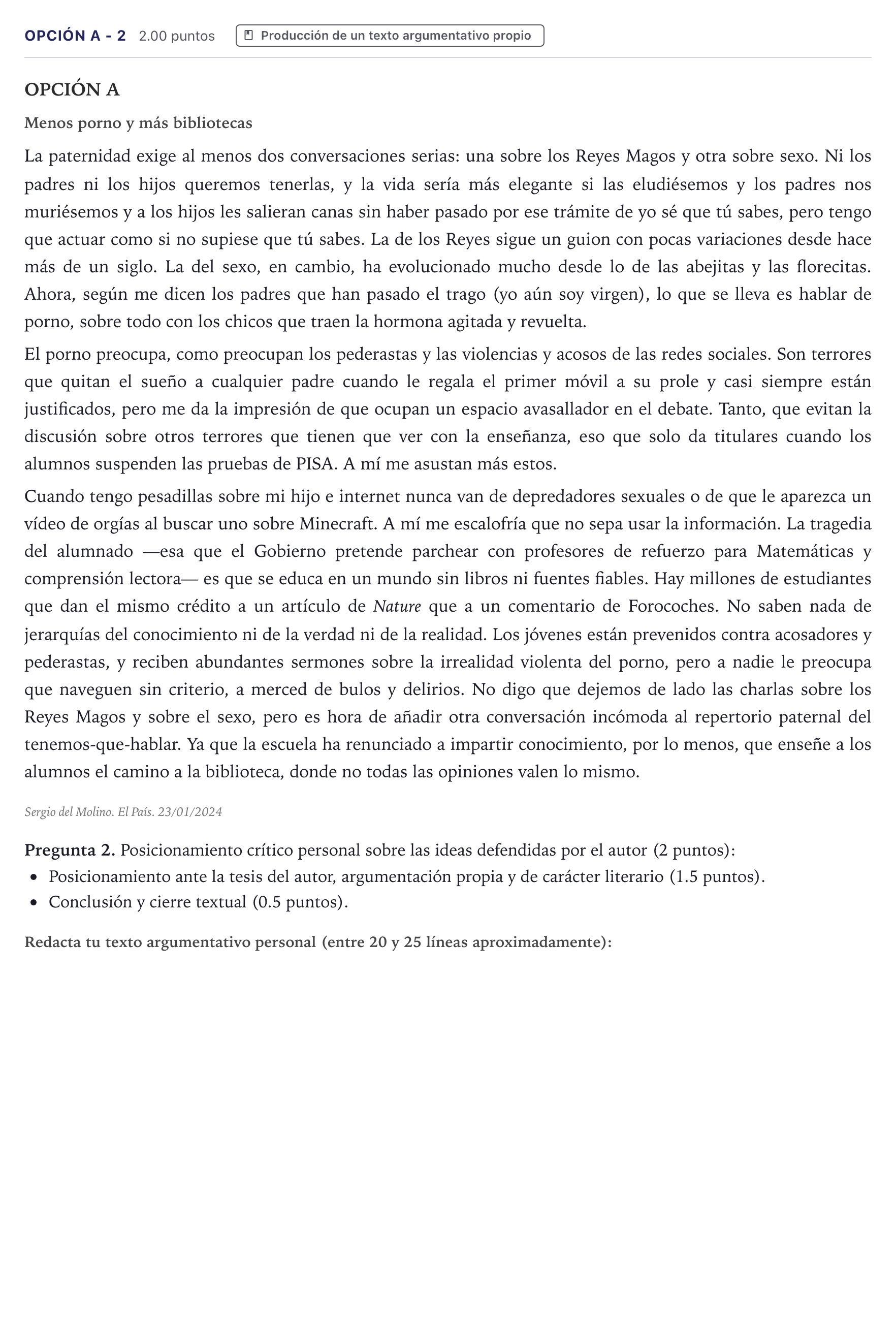 Enunciado: Opción A - 2 · Lengua Castellana y Literatura II PAU Canarias Junio (Ciencias) 2024