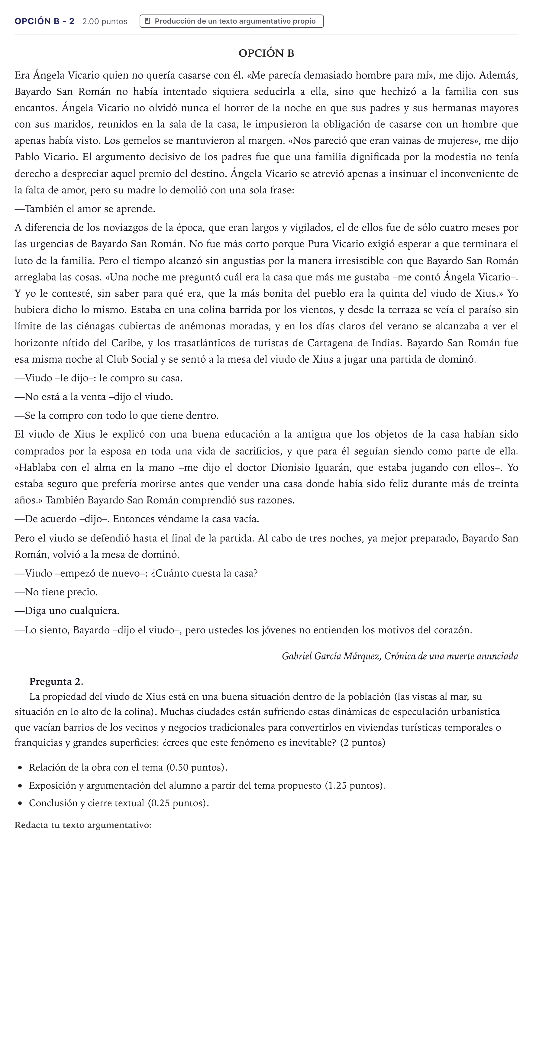 Enunciado: Opción B - 2 · Lengua Castellana y Literatura II PAU Canarias Junio (Ciencias) 2024
