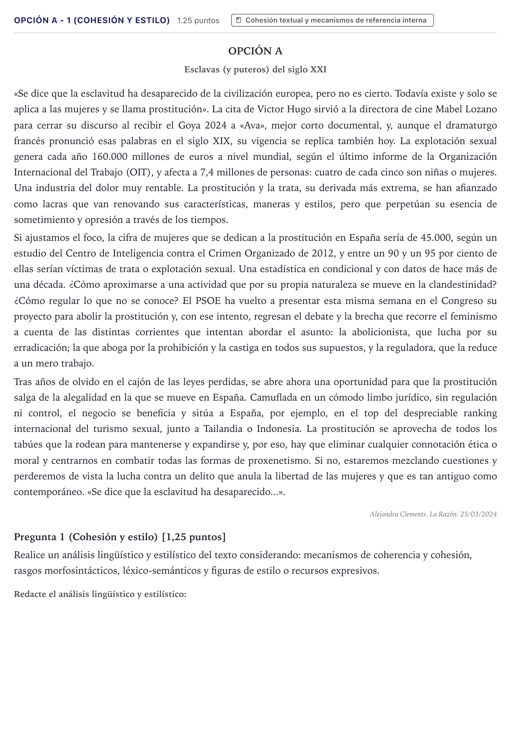 Enunciado: Opción A - 1 (Cohesión y estilo) · Lengua Castellana y Literatura II PAU Canarias Junio (Humanidades) 2024