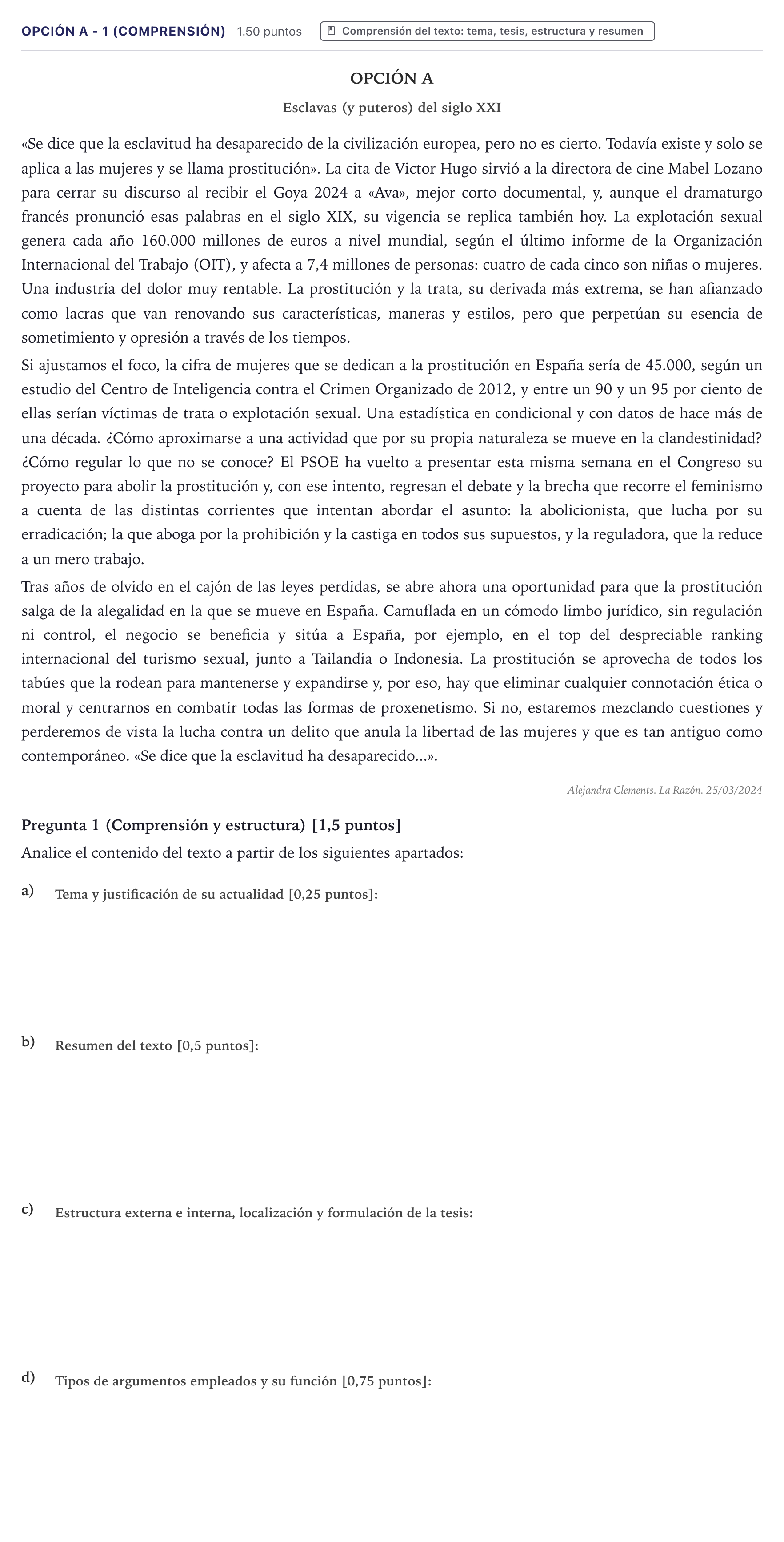 Enunciado: Opción A - 1 (Comprensión) · Lengua Castellana y Literatura II PAU Canarias Junio (Humanidades) 2024