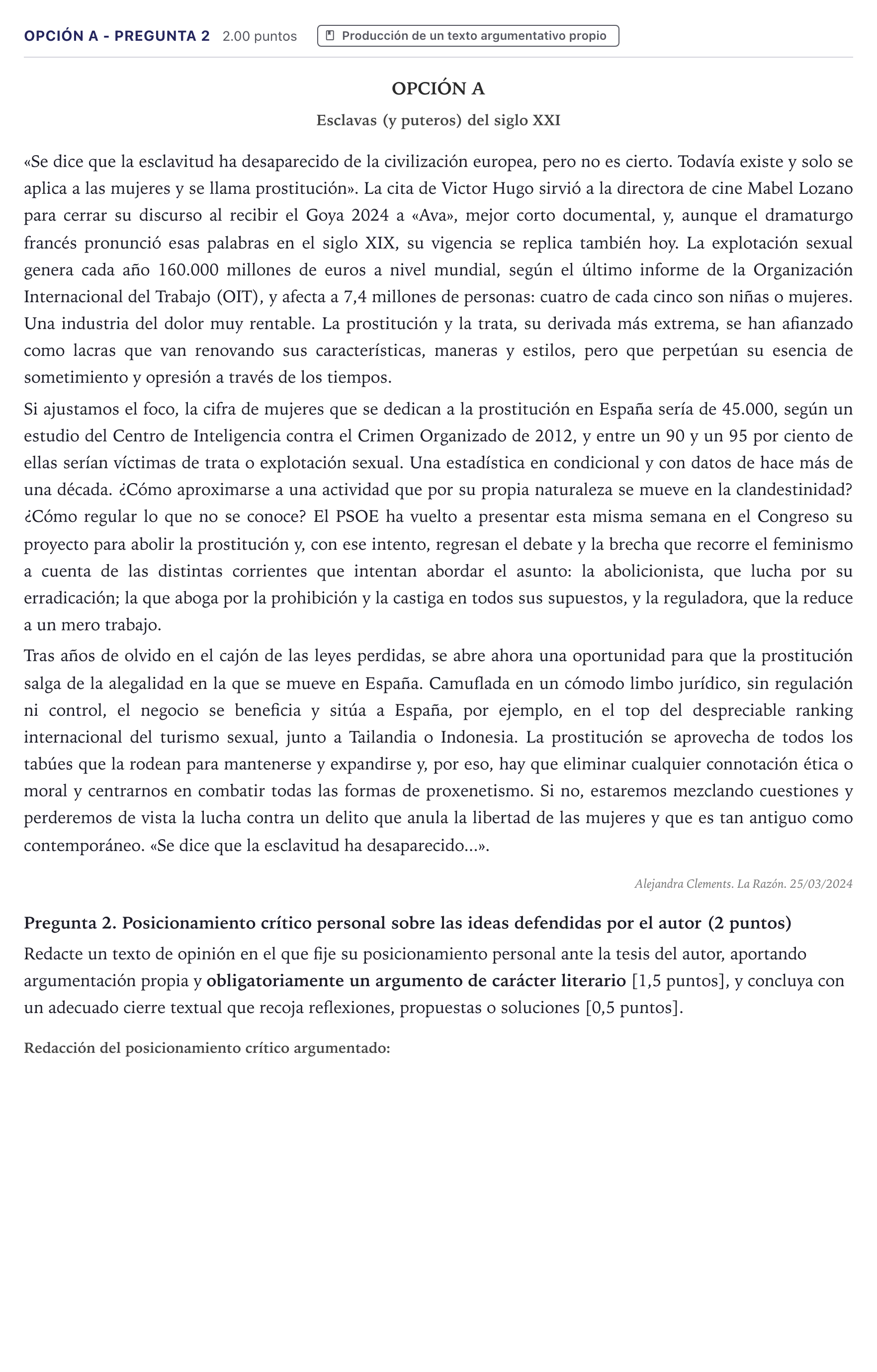 Enunciado: Opción A - Pregunta 2 · Lengua Castellana y Literatura II PAU Canarias Junio (Humanidades) 2024