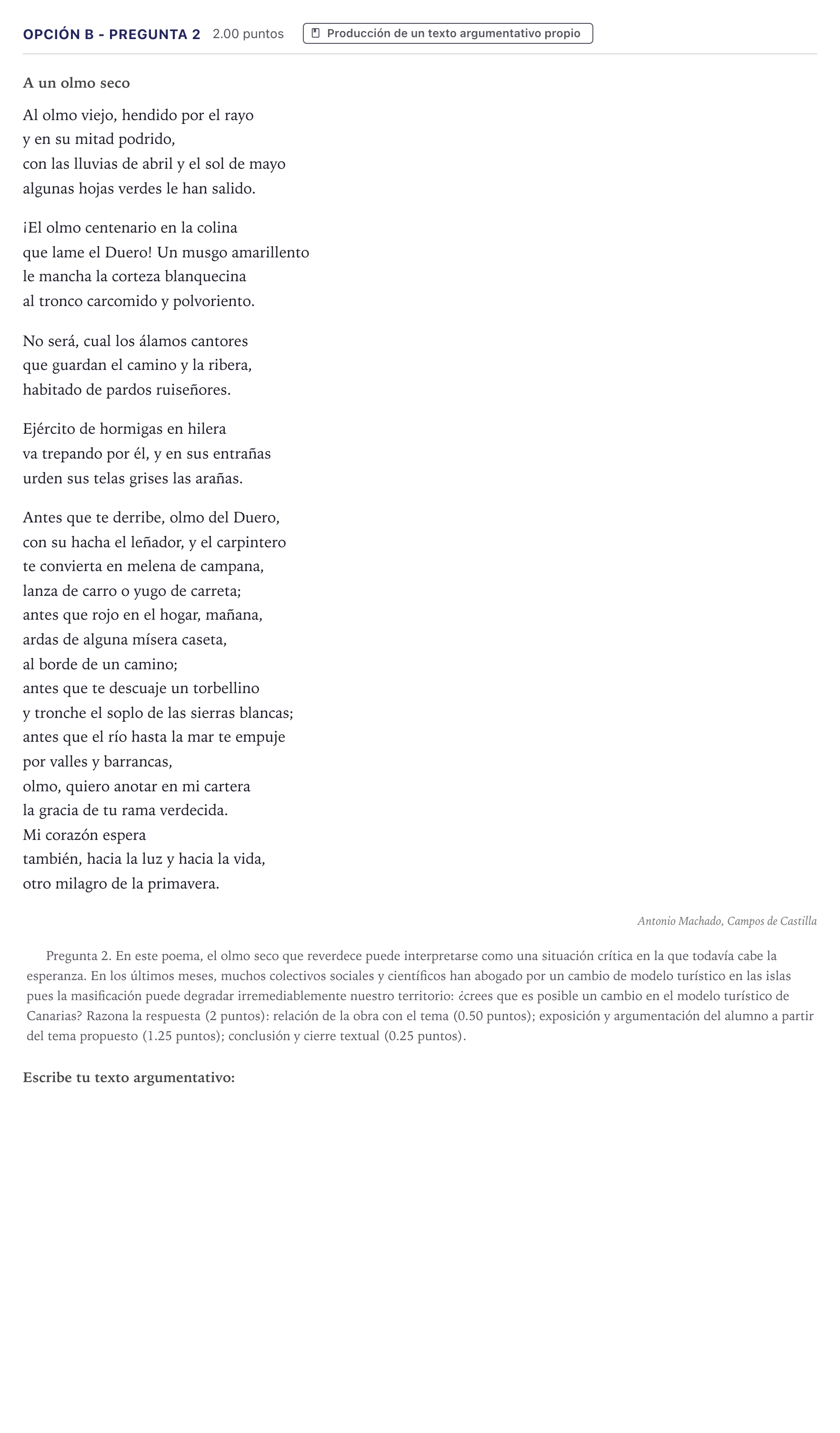Enunciado: Opción B - Pregunta 2 · Lengua Castellana y Literatura II PAU Canarias Junio (Humanidades) 2024