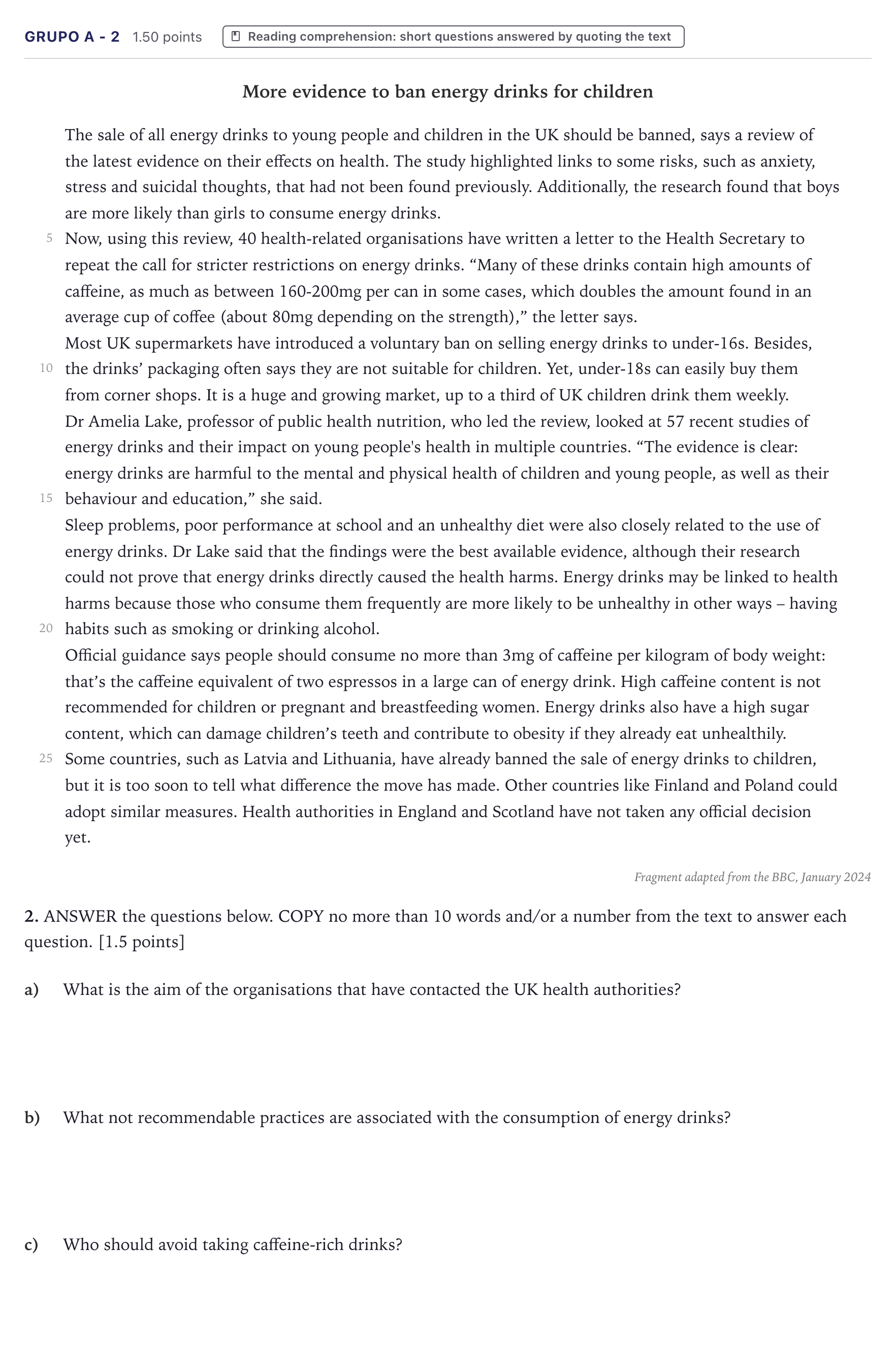 Enunciado: Ejercicio Grupo A - 2 · Inglés PAU Canarias Junio (Humanidades) 2024
