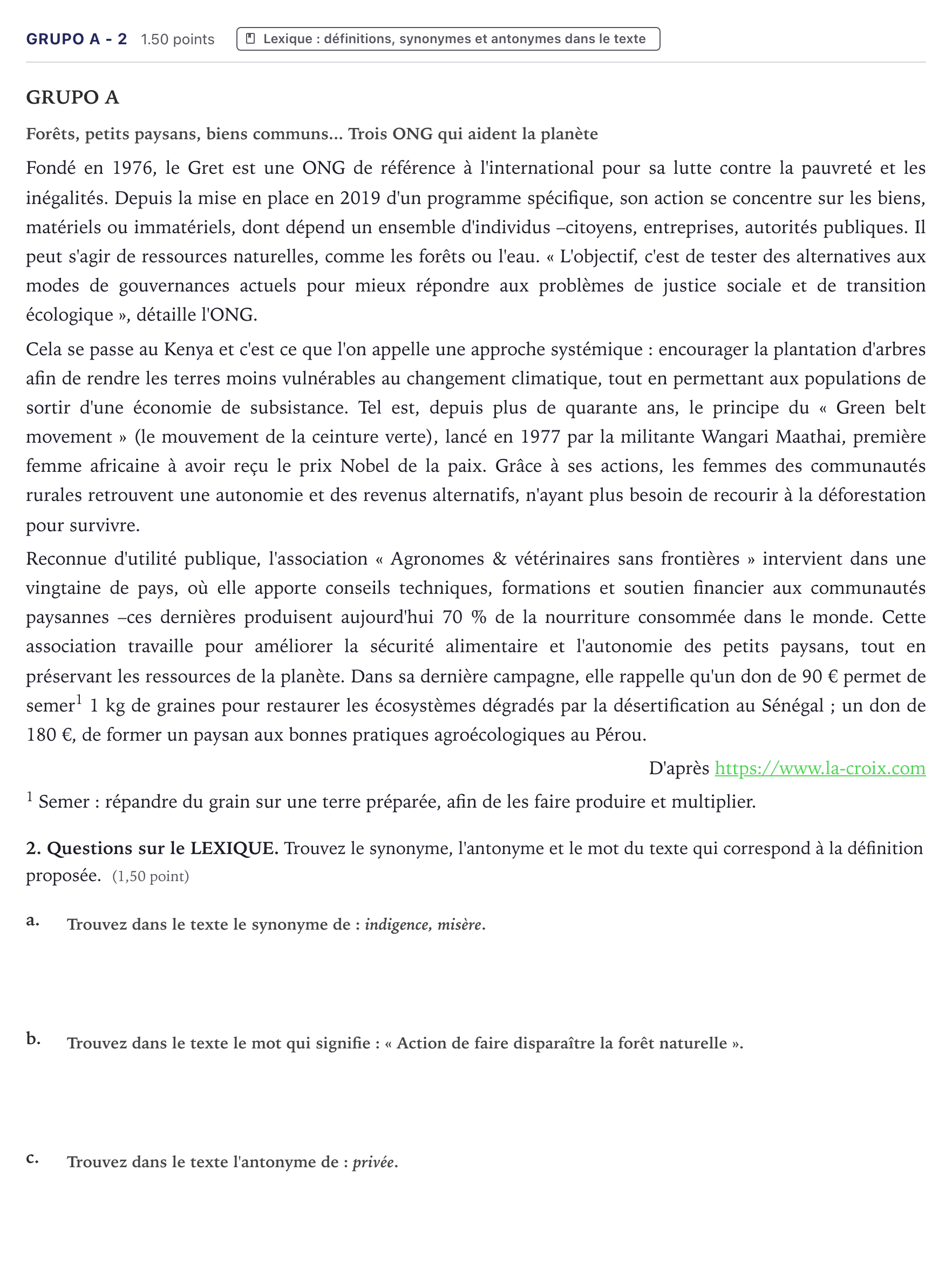 Enunciado: Ejercicio Grupo A - 2 · Francés PAU Canarias Junio (Ciencias) 2024