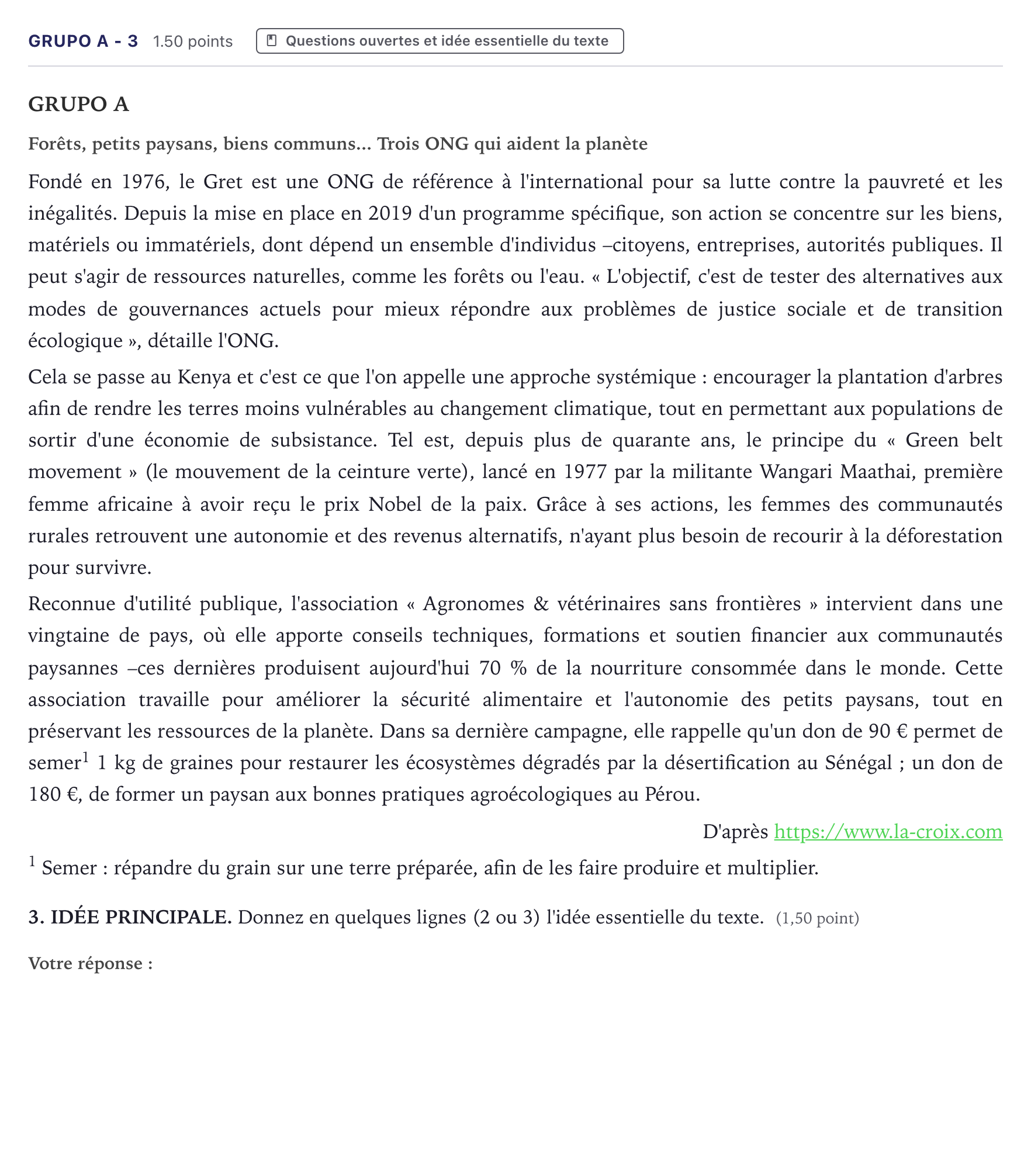 Enunciado: Ejercicio Grupo A - 3 · Francés PAU Canarias Junio (Ciencias) 2024