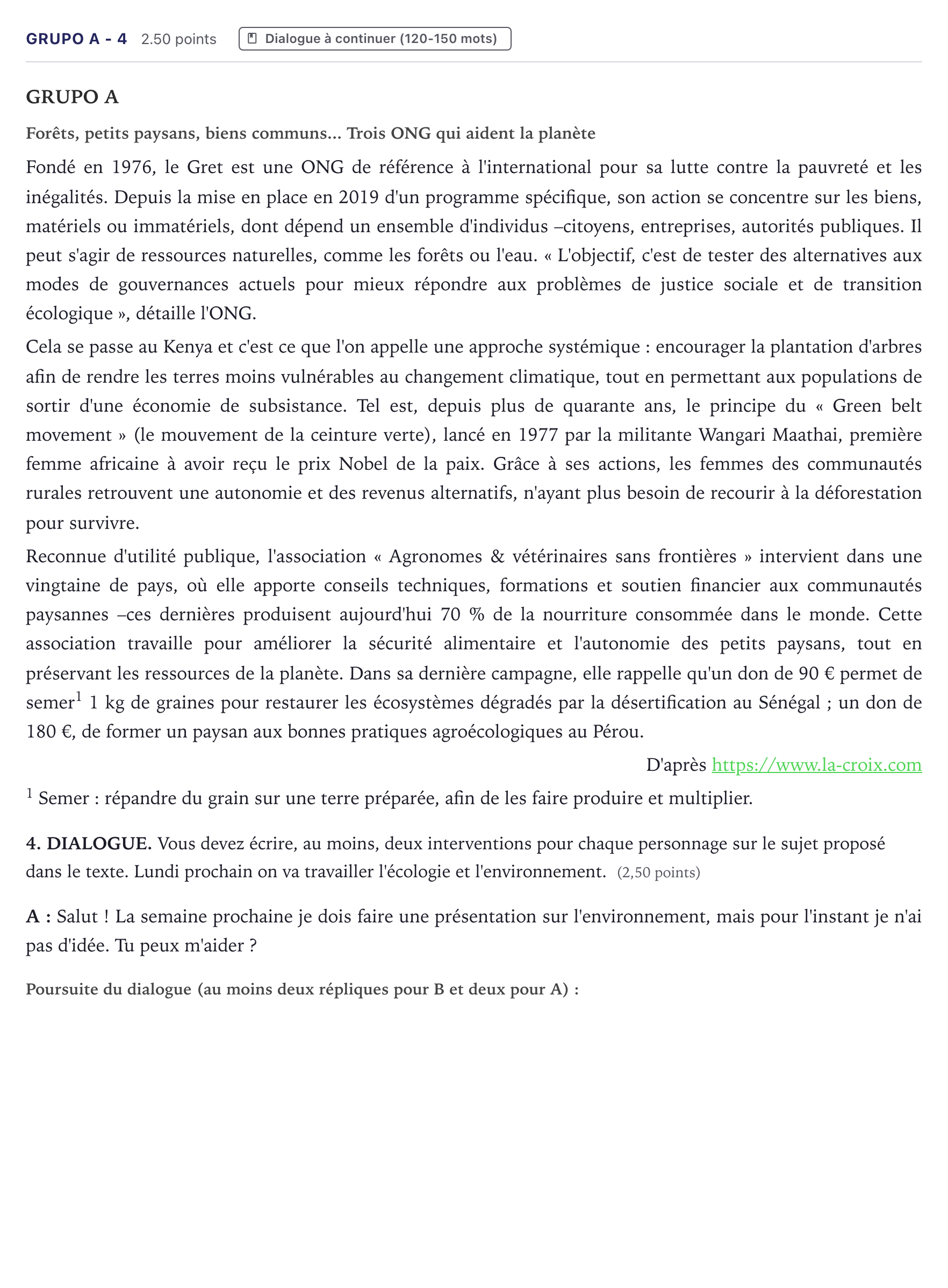 Enunciado: Ejercicio Grupo A - 4 · Francés PAU Canarias Junio (Ciencias) 2024