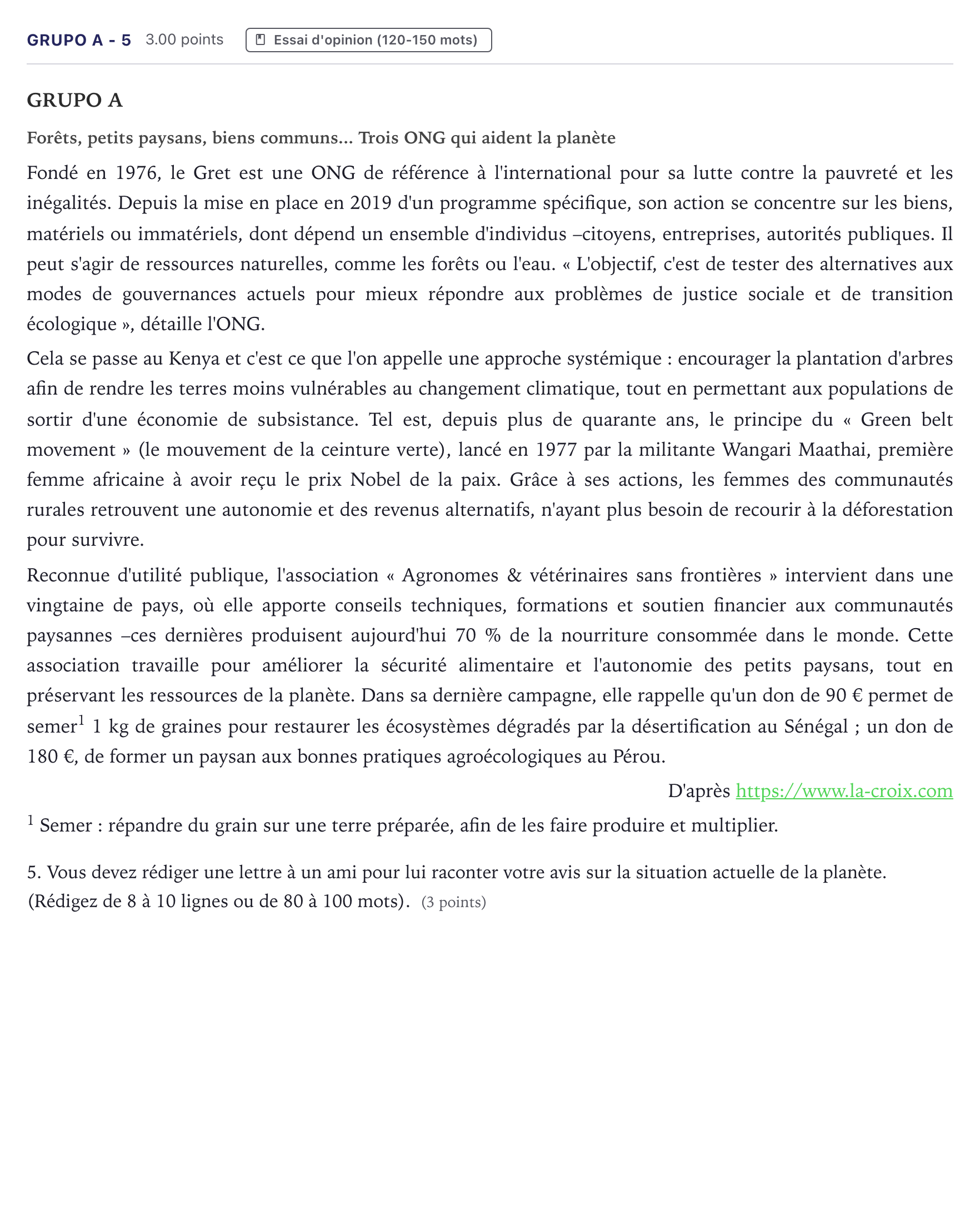 Enunciado: Ejercicio Grupo A - 5 · Francés PAU Canarias Junio (Ciencias) 2024