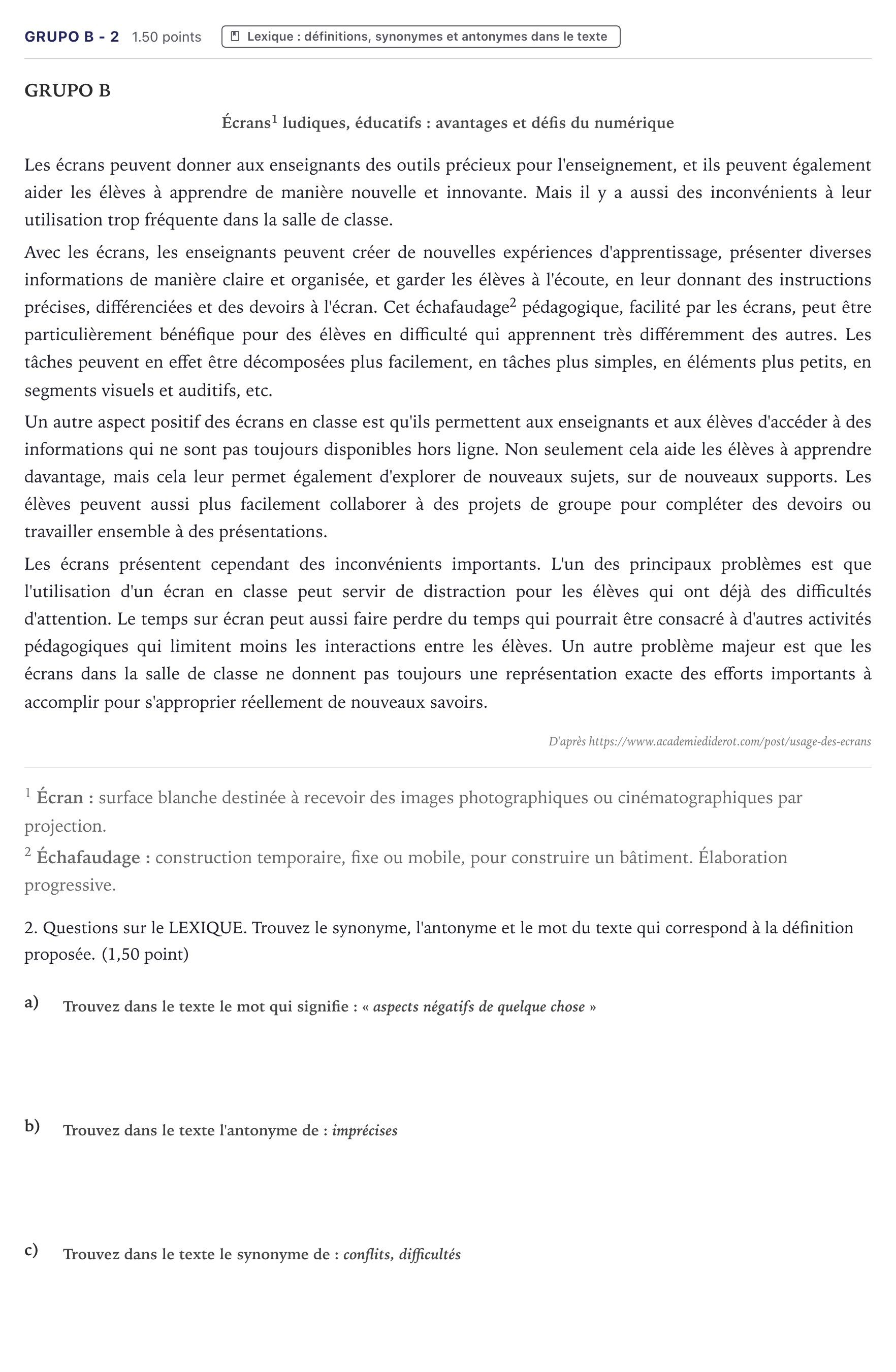Enunciado: Ejercicio Grupo B - 2 · Francés PAU Canarias Junio (Ciencias) 2024