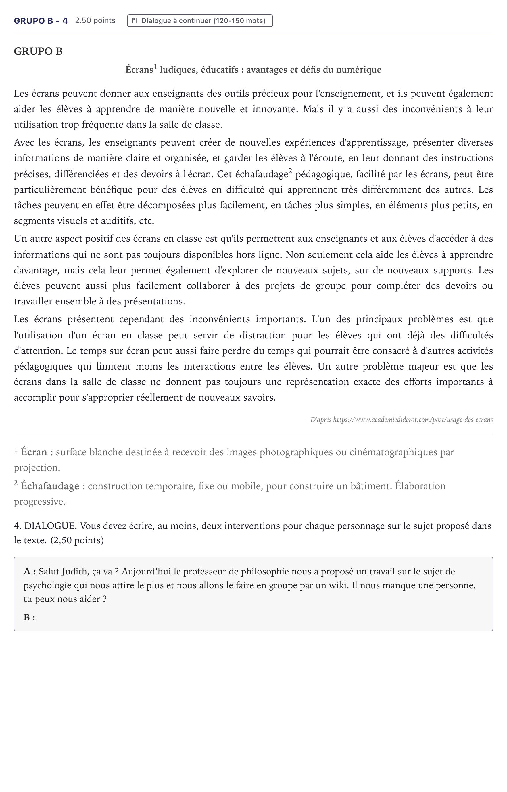 Enunciado: Ejercicio Grupo B - 4 · Francés PAU Canarias Junio (Ciencias) 2024
